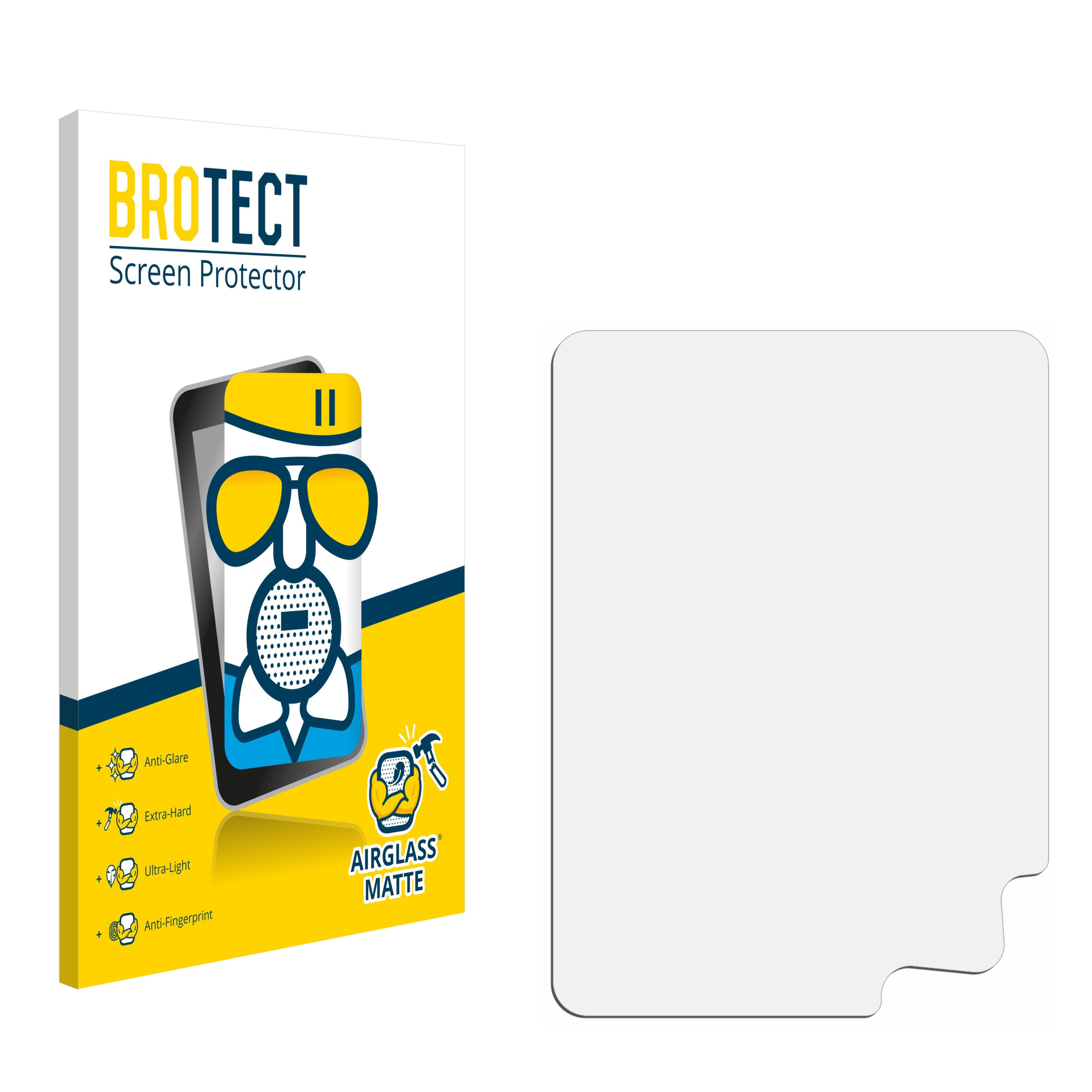 Schutzfolienverpackung mit einem klaren Schutz. Box zeigt ein Telefon mit Brille und Text.