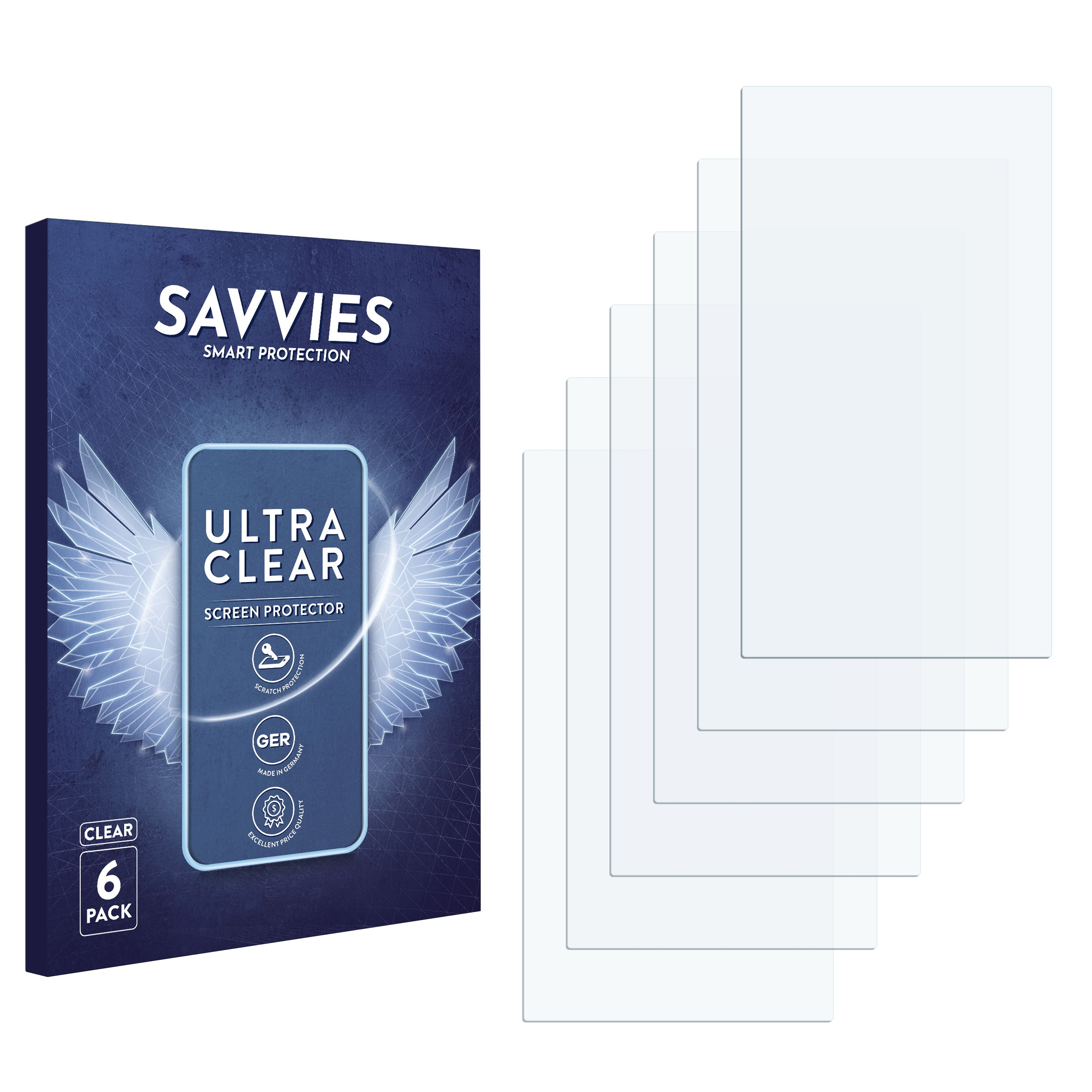 Schachtel mit Displayschutzfolie und 5 transparenten Displayschutzfolien.