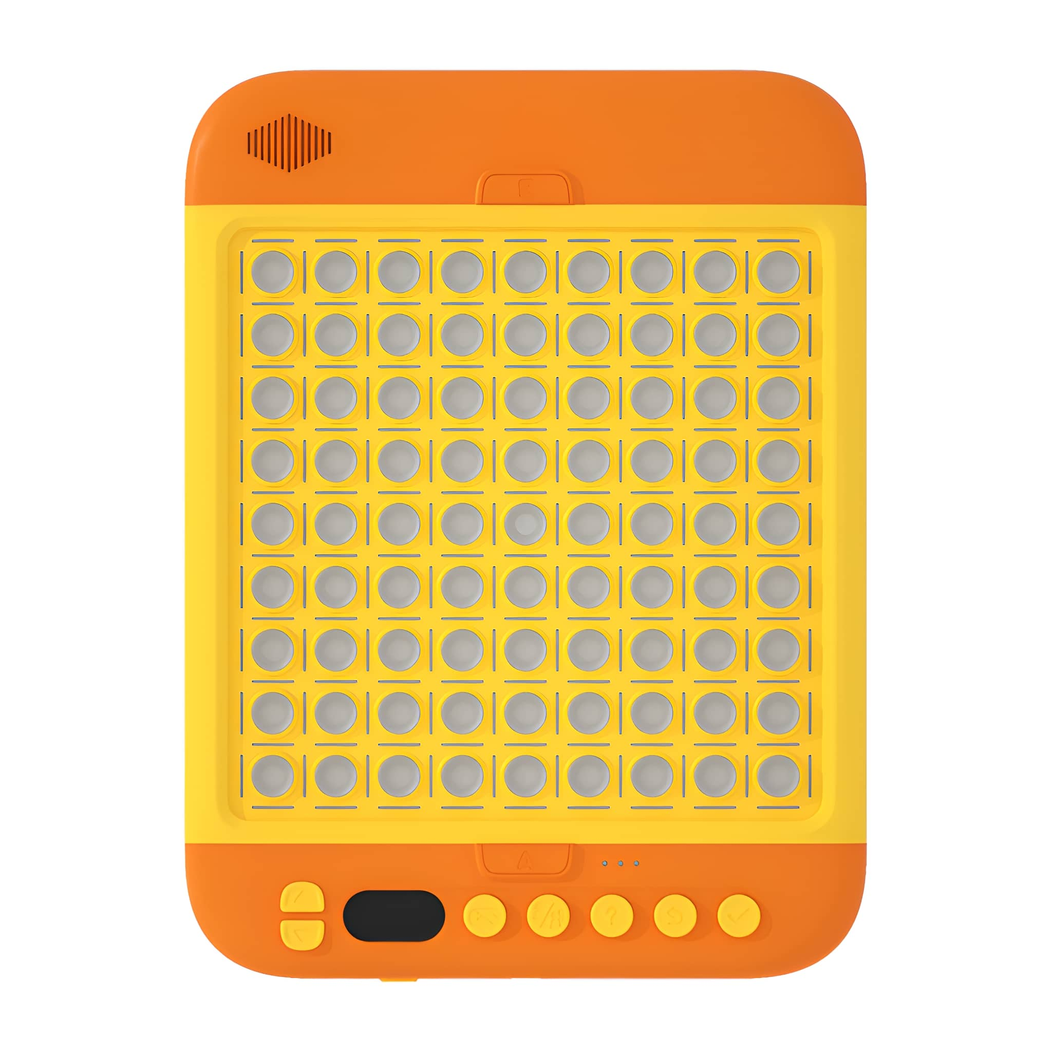 Orange-gelbes tablettähnliches Gerät mit einem Bildschirm aus grauen Knöpfen und einem Lautsprecher oben.