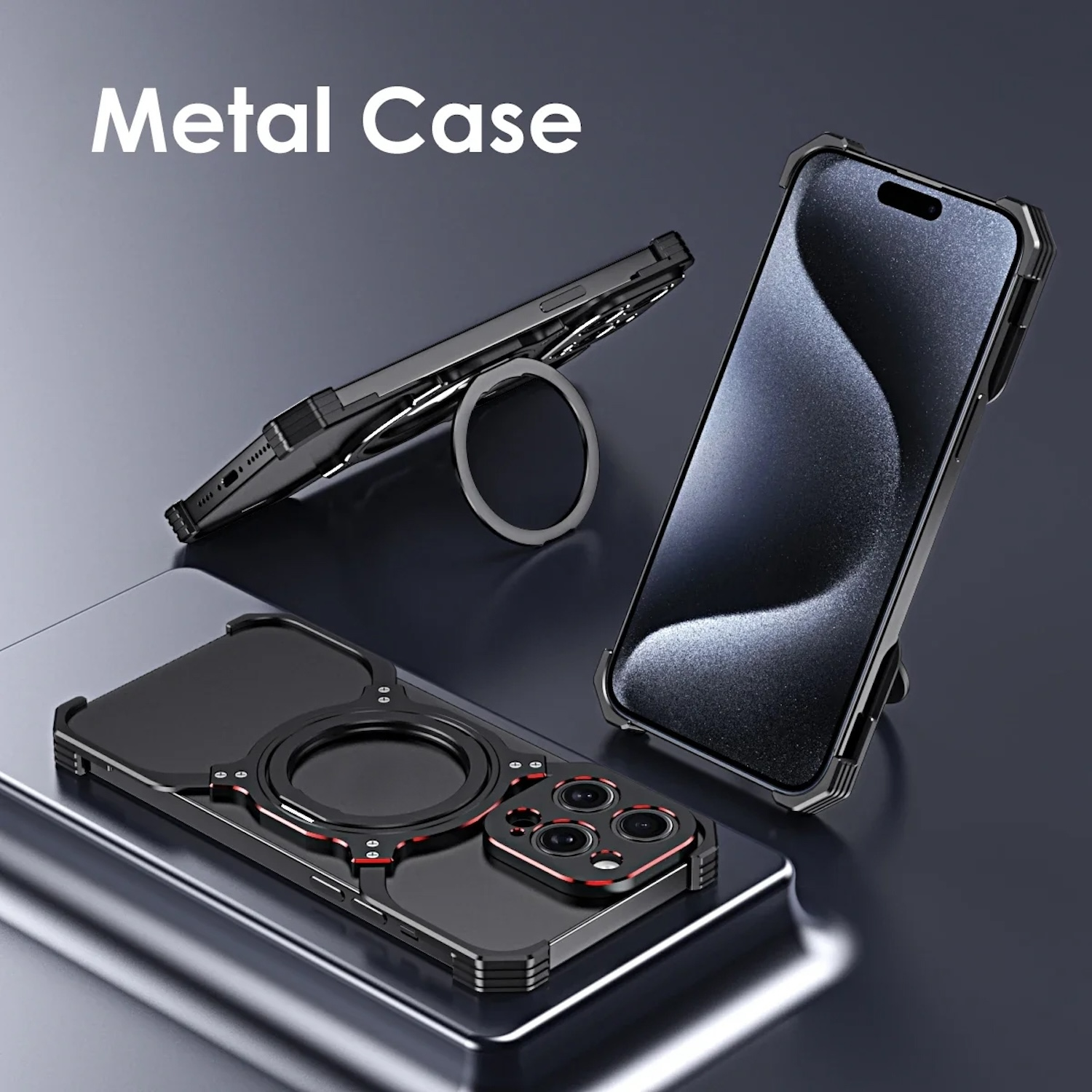 Eine Metall-Handyhülle mit einem Telefon darin und ein weiteres Telefon, das auf der Oberfläche liegt.