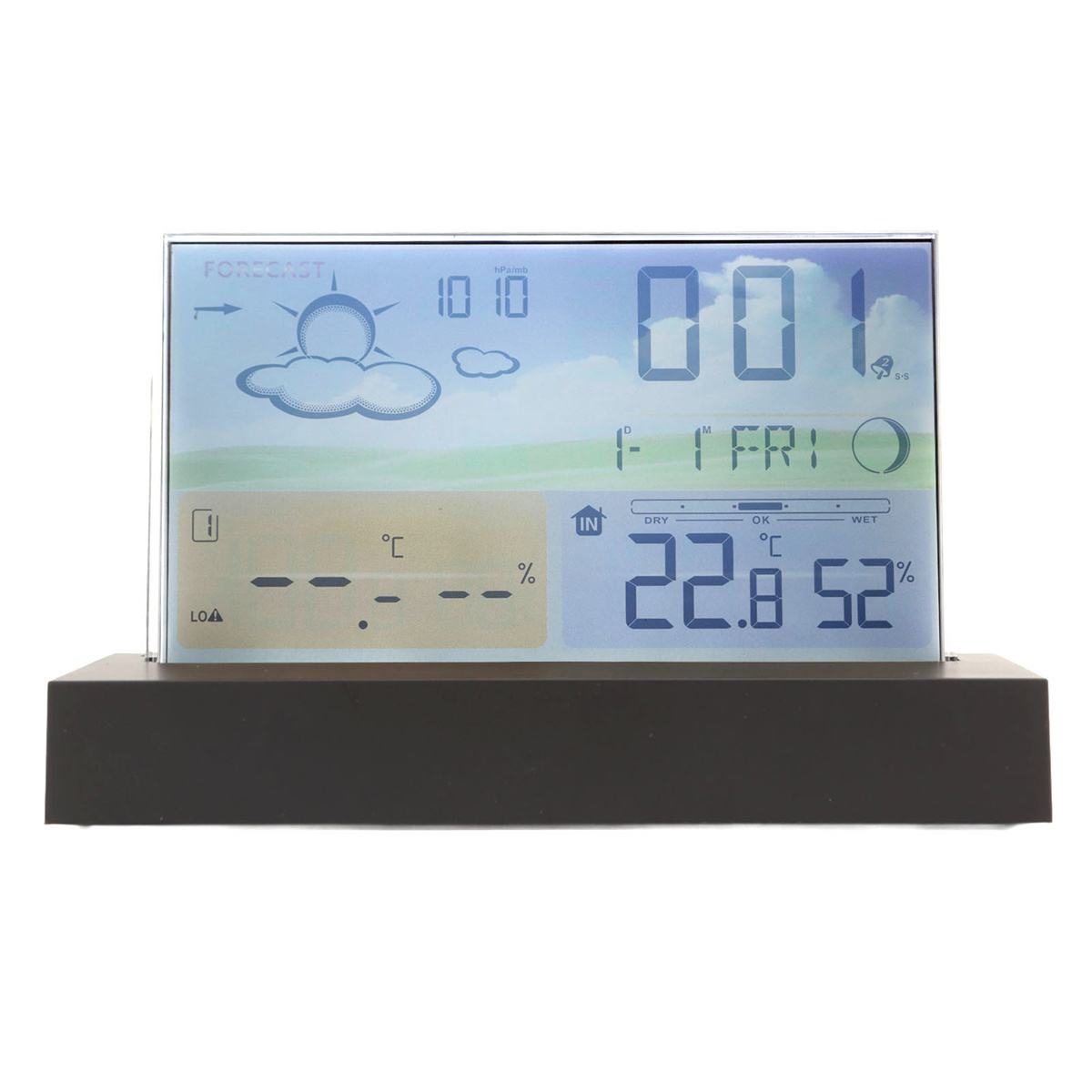 Digitale Wetterstation mit einem Bildschirm, der Wetterdaten anzeigt. Sie hat einen schwarzen Sockel und einen hellfarbigen Himmelshintergrund.