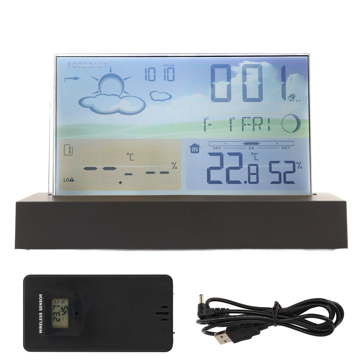 Digitale Wetterstation mit Bildschirm, der Vorhersage, Temperatur, Luftfeuchtigkeit und Zeit anzeigt, plus Funksensor.