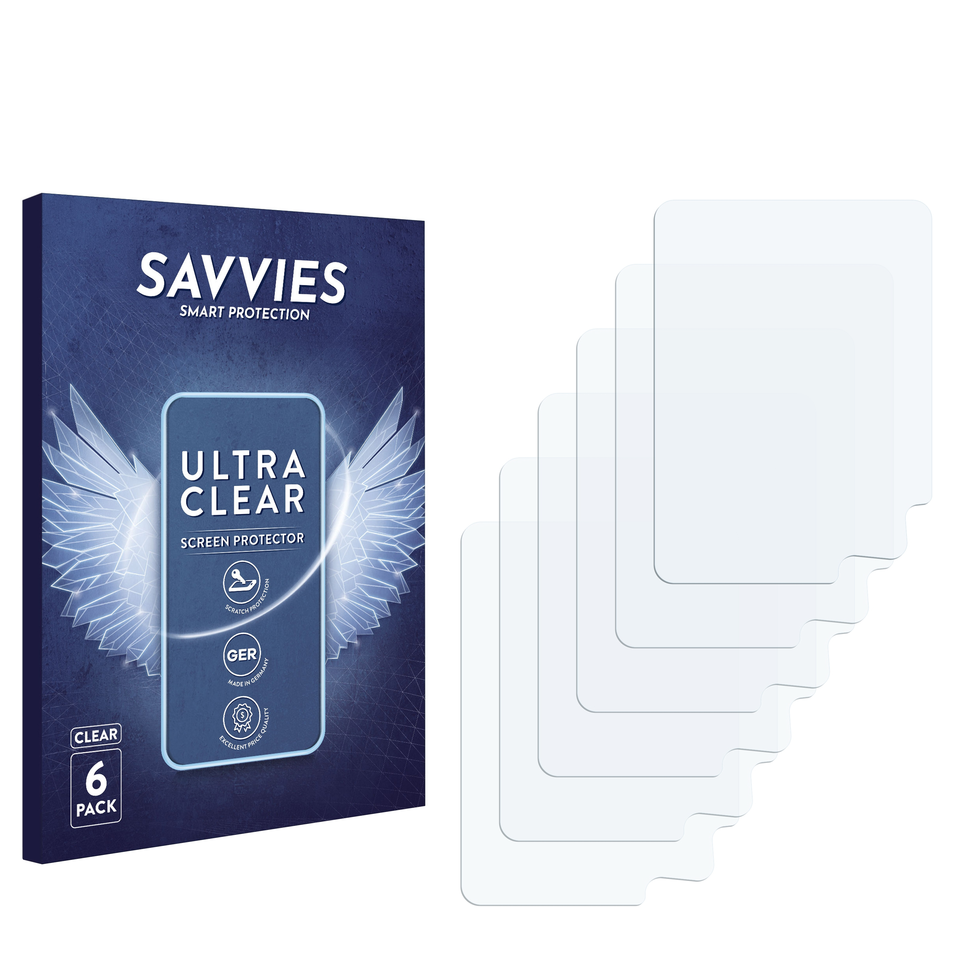 Displayschutzbox mit sechs Displayschutzfolien rechts. Weißer Hintergrund und Text.