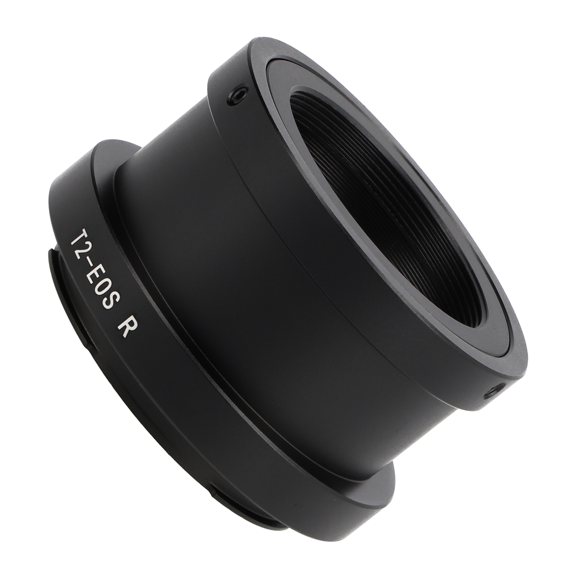 Schwarzer T2-EOS R Adapter für Kameras, schräge Ansicht, mit Gewindeenden.