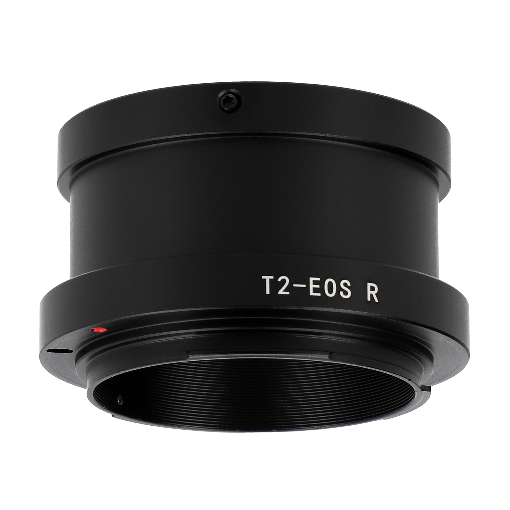 Schwarzer T2-EOS R Kameraobjektivadapter. Weißer Text: T2-EOS R. Kleiner roter Punkt am Rand.