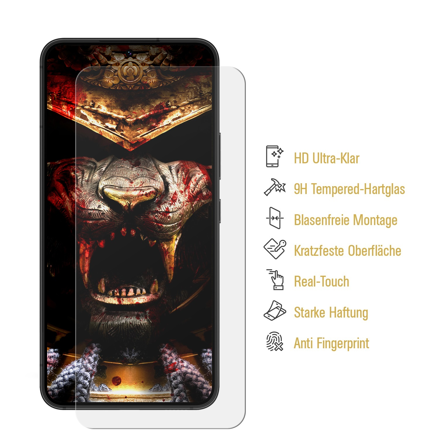 Ein Displayschutz und ein Telefon mit einem blutigen Monsterbild.