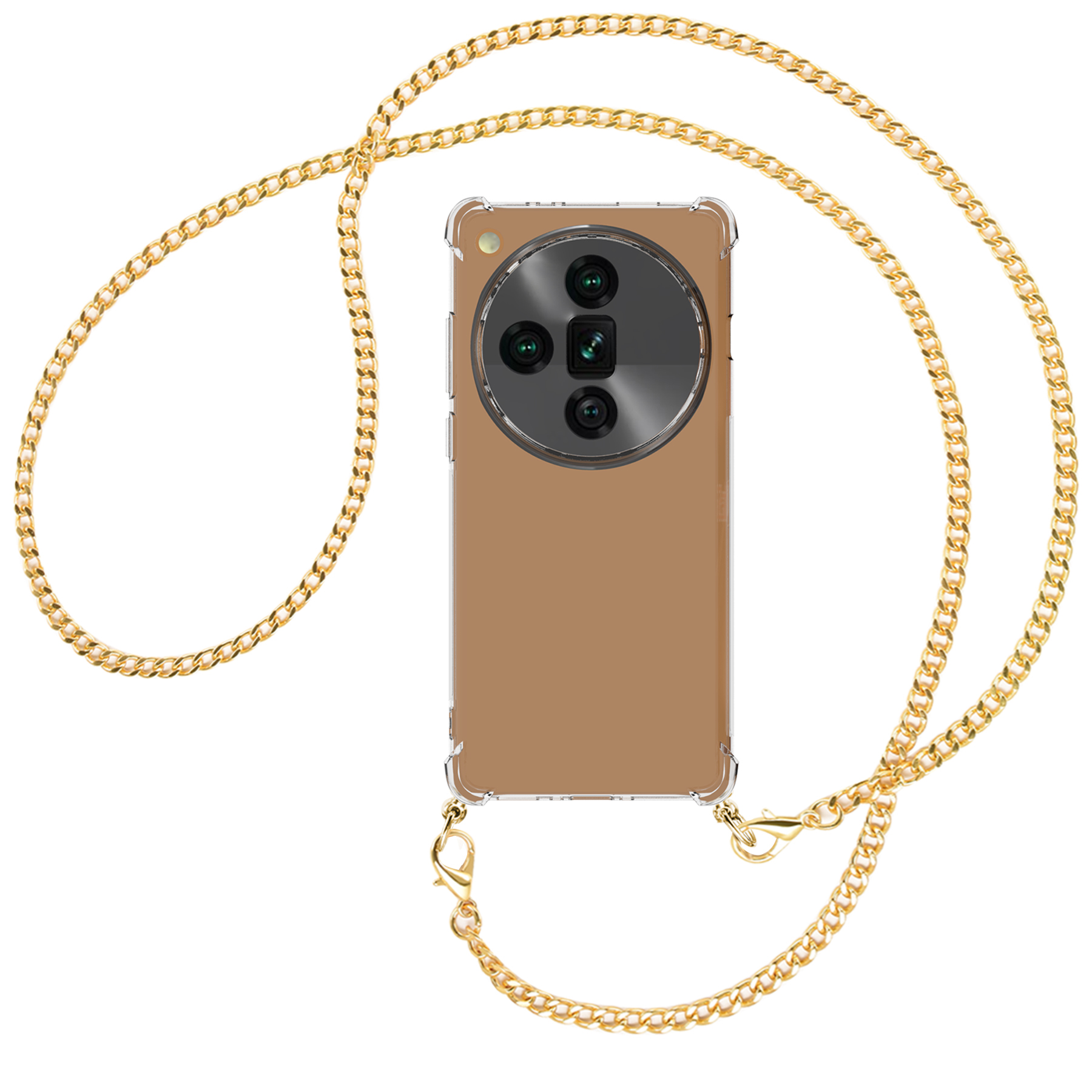 Ein Telefon in einer durchsichtigen Hülle mit einer goldenen Kette. Das Telefon hat mehrere Kameralinsen.