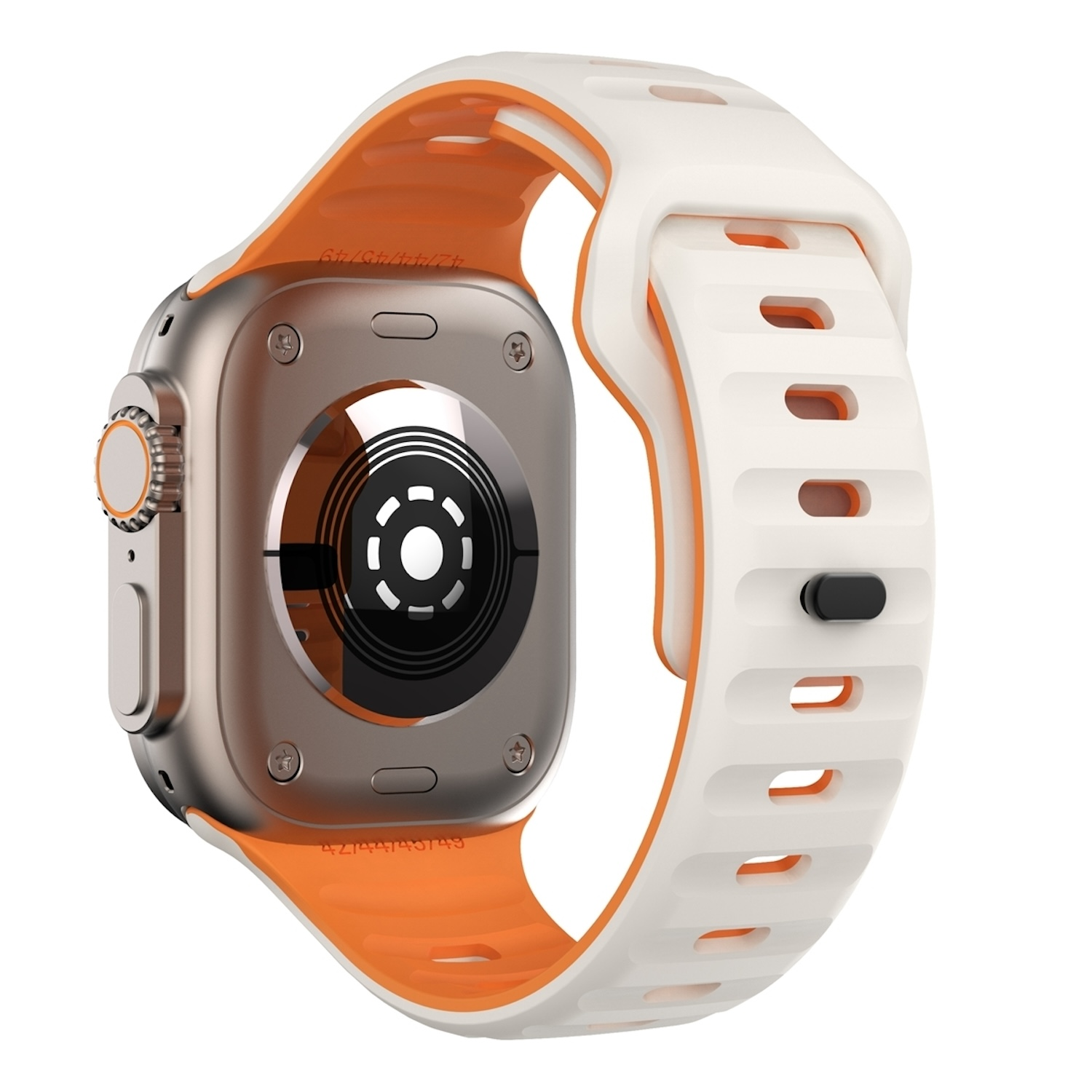 Eine silberne Apple Watch mit einem orange-weißen Armband, die Rückseite mit Sensoren zeigend.