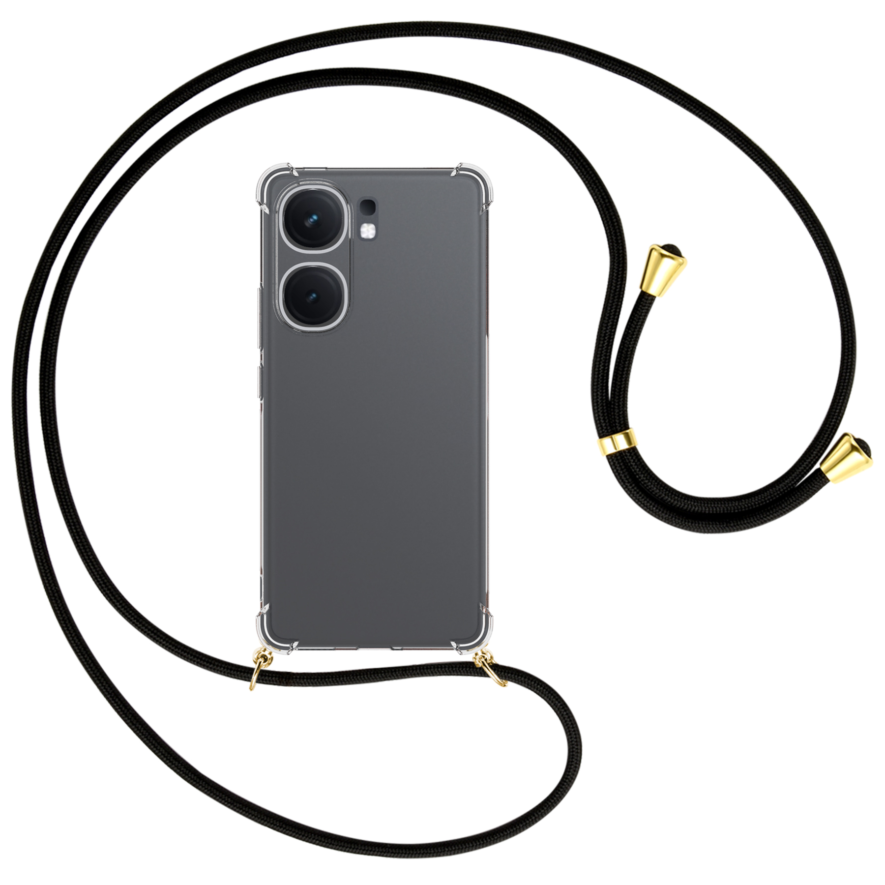 Eine transparente Handyhülle mit schwarzem Kordelriemen. Ein dunkelgraues Telefon mit klarer Hülle und zwei Rückkameras.