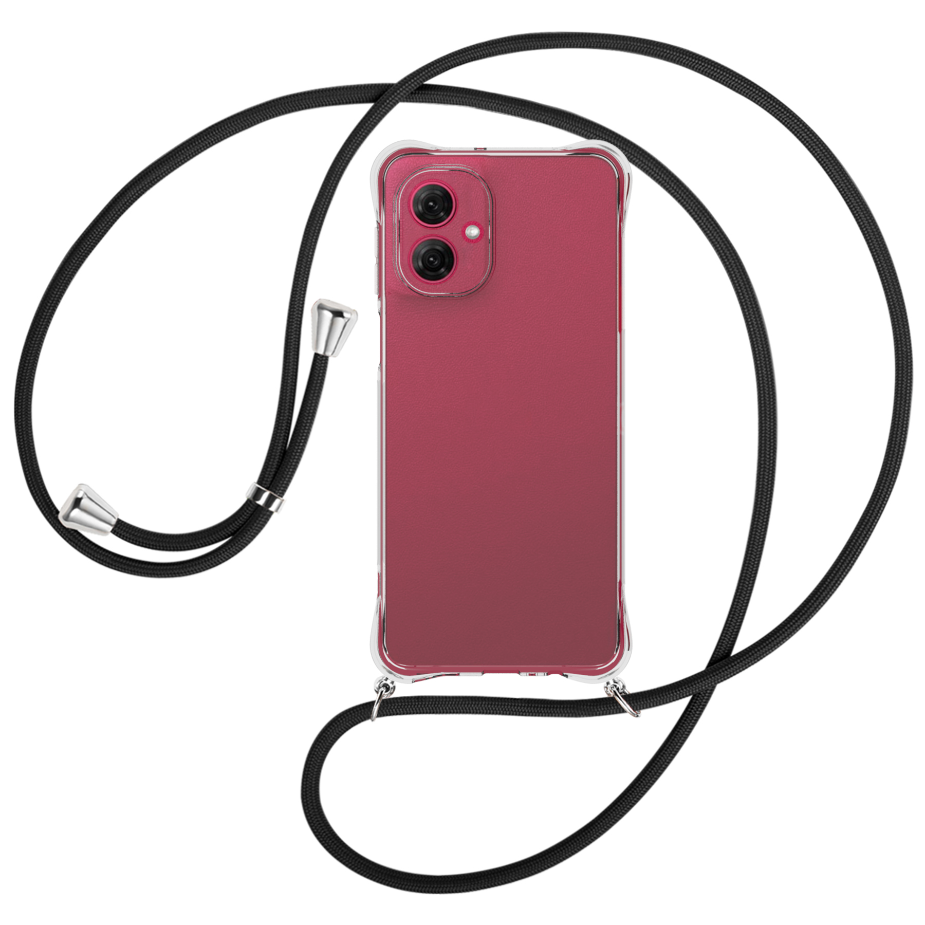 Ein Telefon in einer transparenten Hülle mit einem schwarzen Umhängeband. Das Telefon hat eine rote Rückseite.