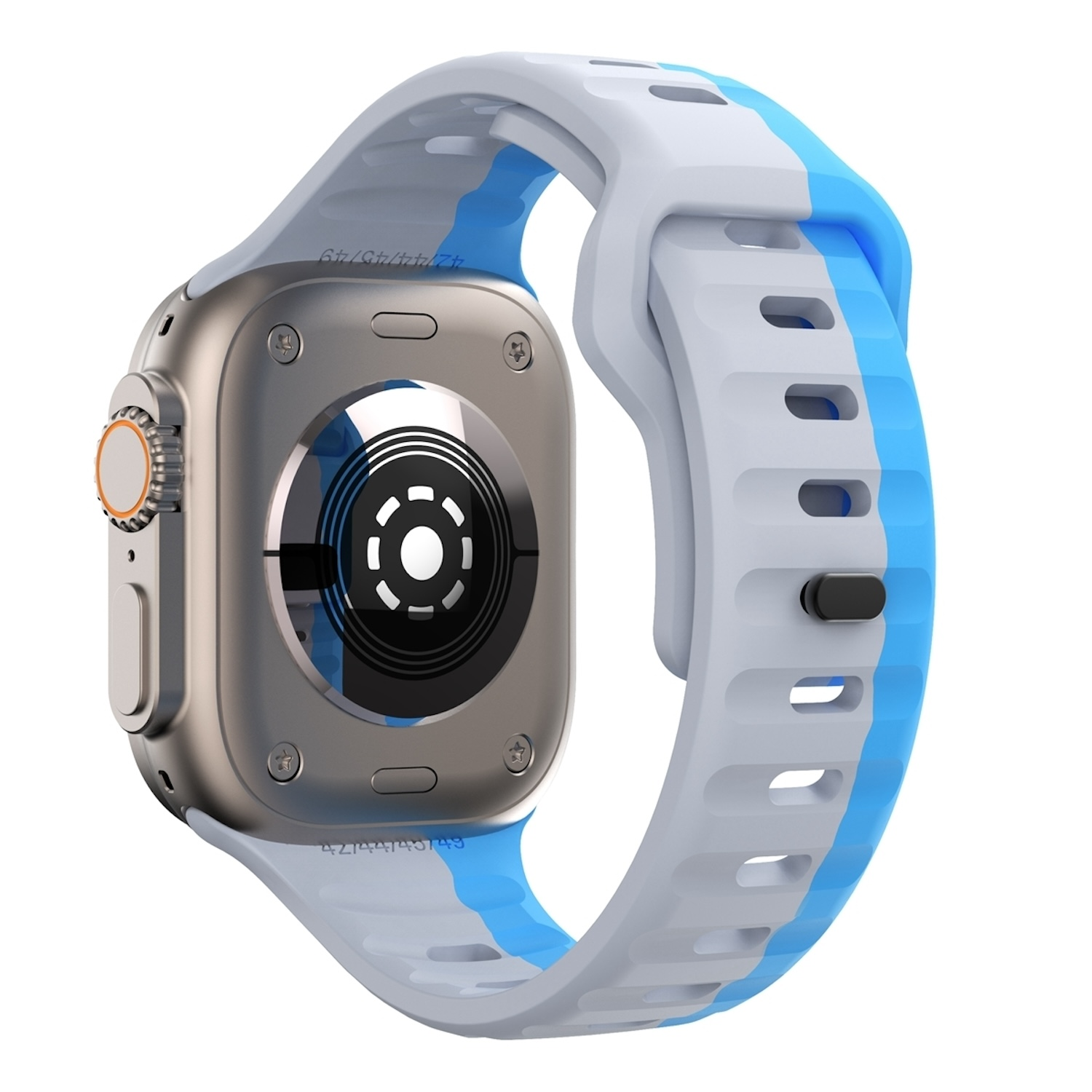 Silberne Smartwatch mit blau-weißem Armband, Rückseite und Armband zeigend.