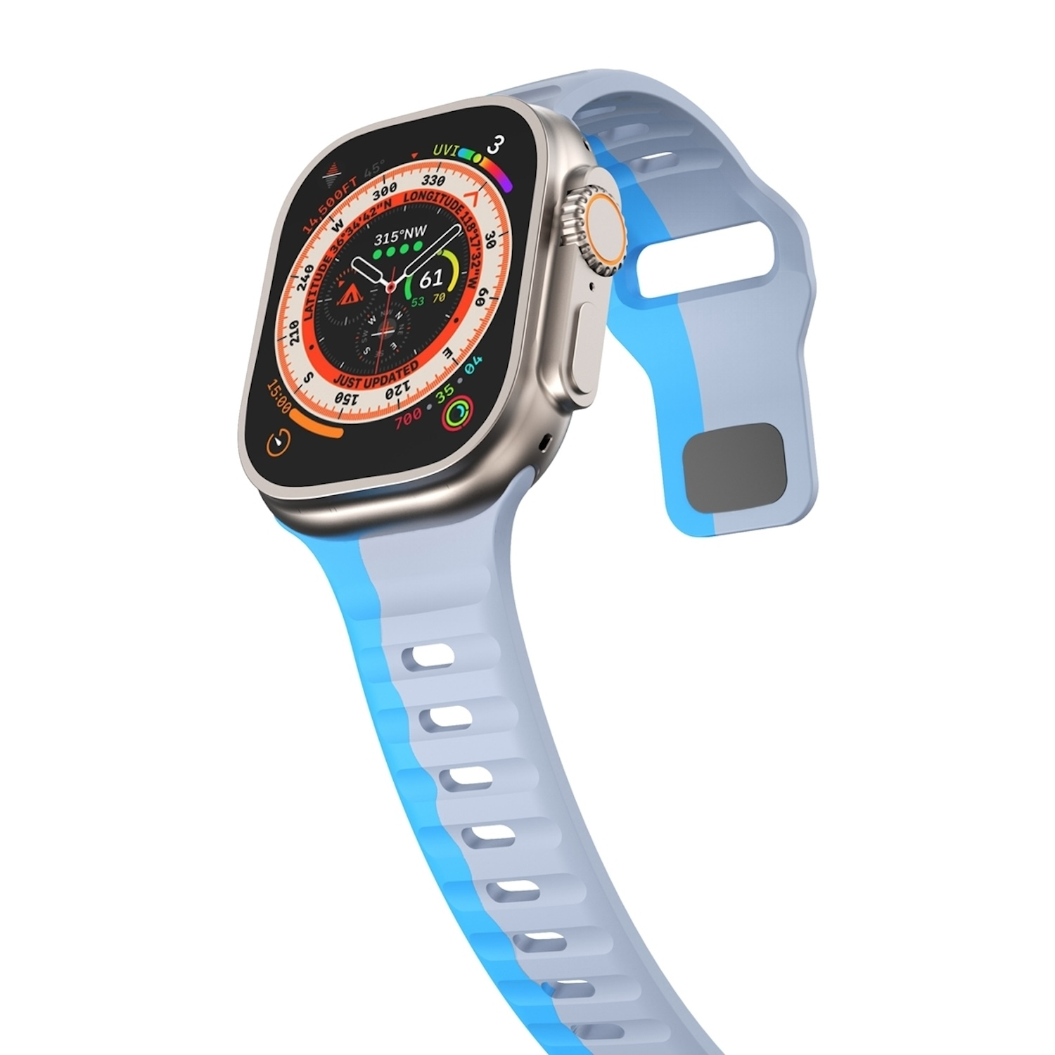 Eine silberne Smartwatch mit blauem Armband auf weißem Hintergrund.