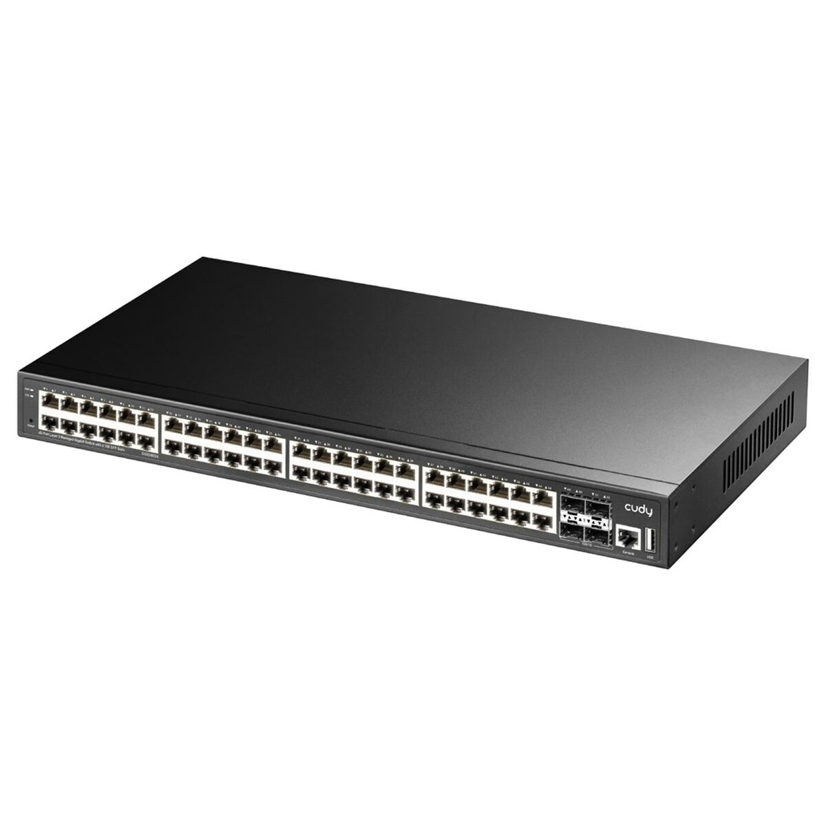 Schwarzer Netzwerk-Switch mit vielen Anschlüssen, schräge Ansicht, weißer Hintergrund.