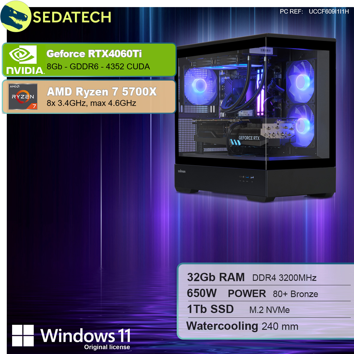 SEDATECH AMD Ryzen 7 5700X mit Wasserkühlung, Gaming PC mit AMD 