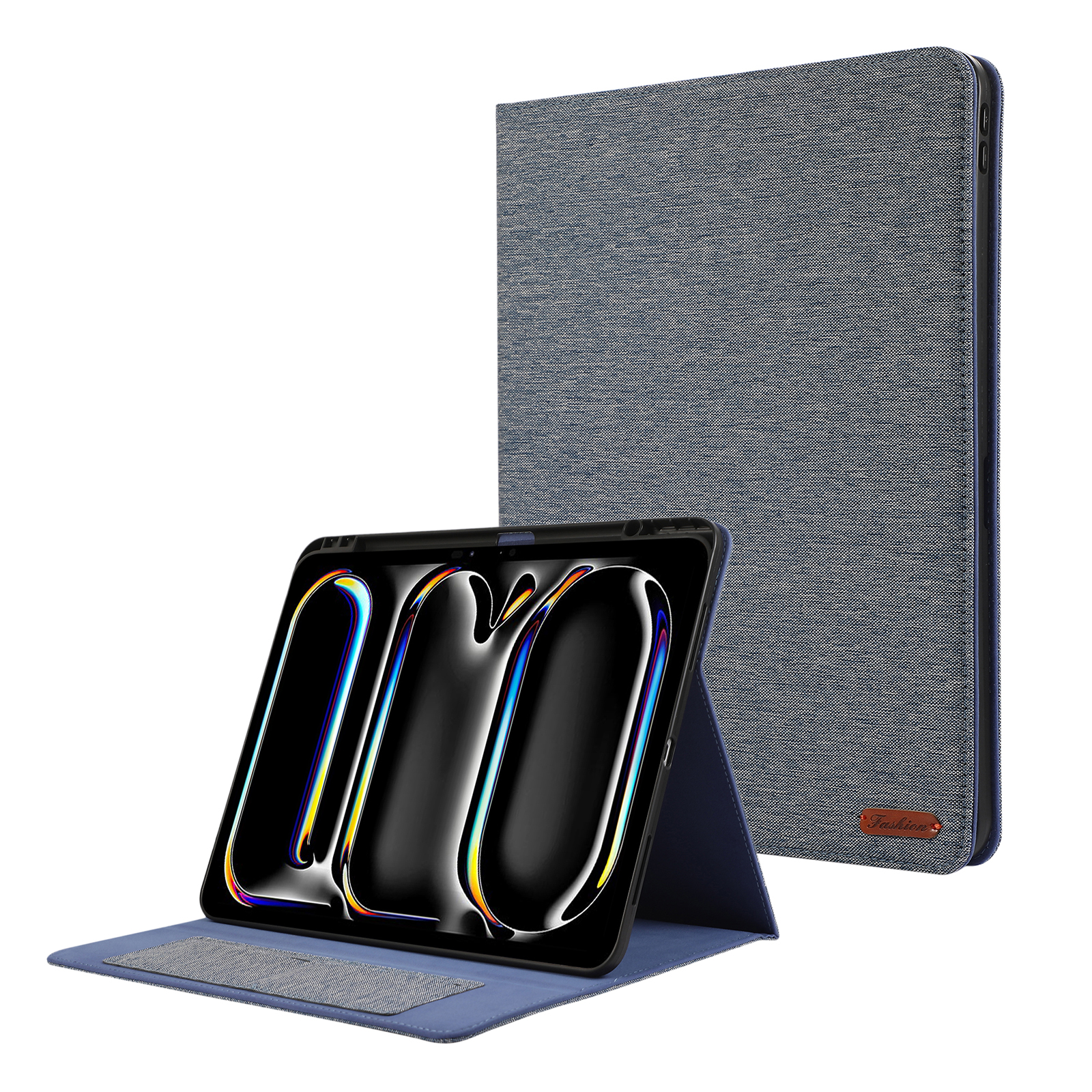 Tablet in blauem Case, offen und aufgestellt. Case hat graue Struktur.