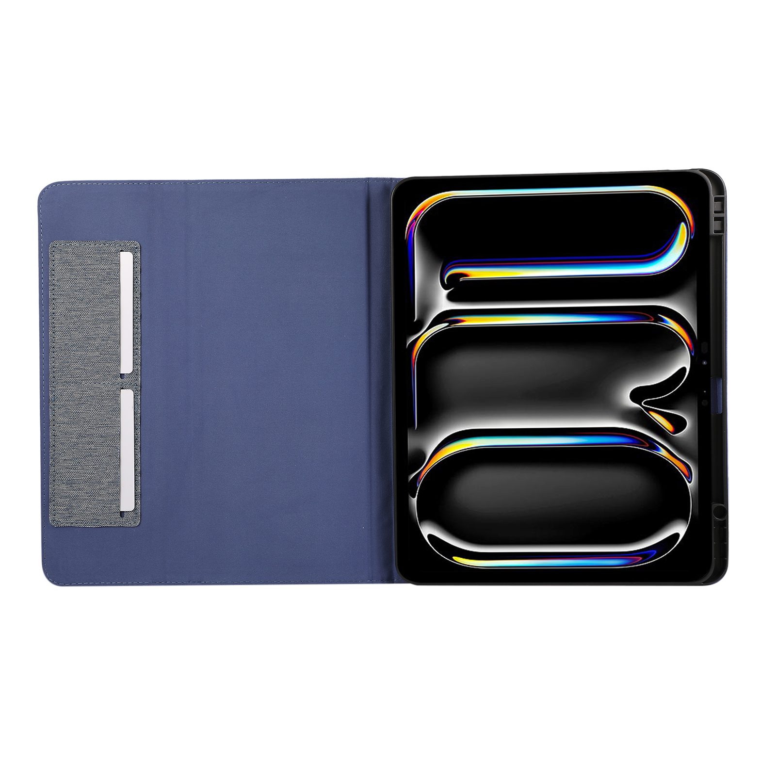 Blaue Tablethülle geöffnet. Tablet im Inneren. Zwei Kartenfächer auf der linken Seite.