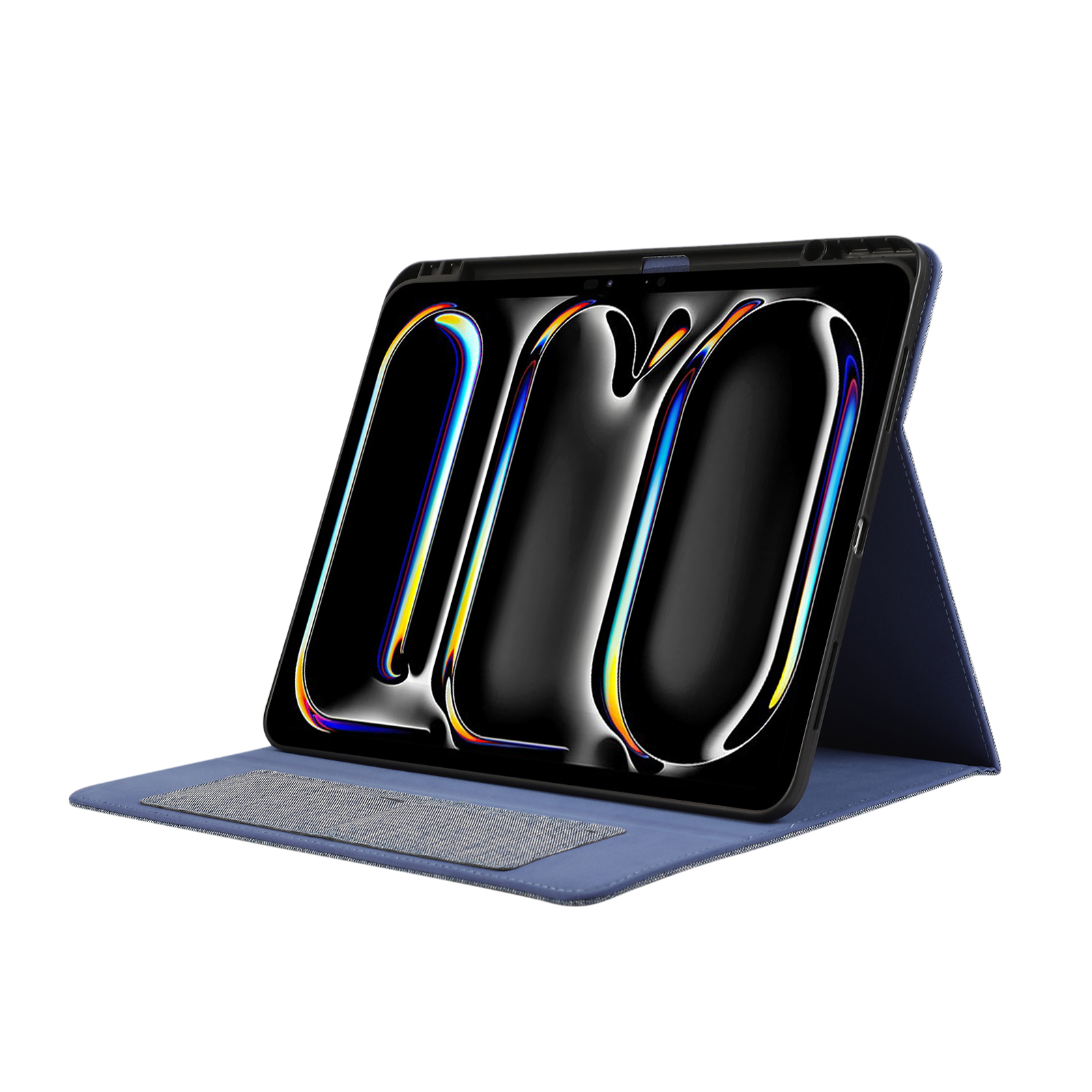 Tablet mit geöffneter blauer Hülle. Der Tablet-Bildschirm zeigt ein abstraktes Bild. Der Hintergrund ist weiß.