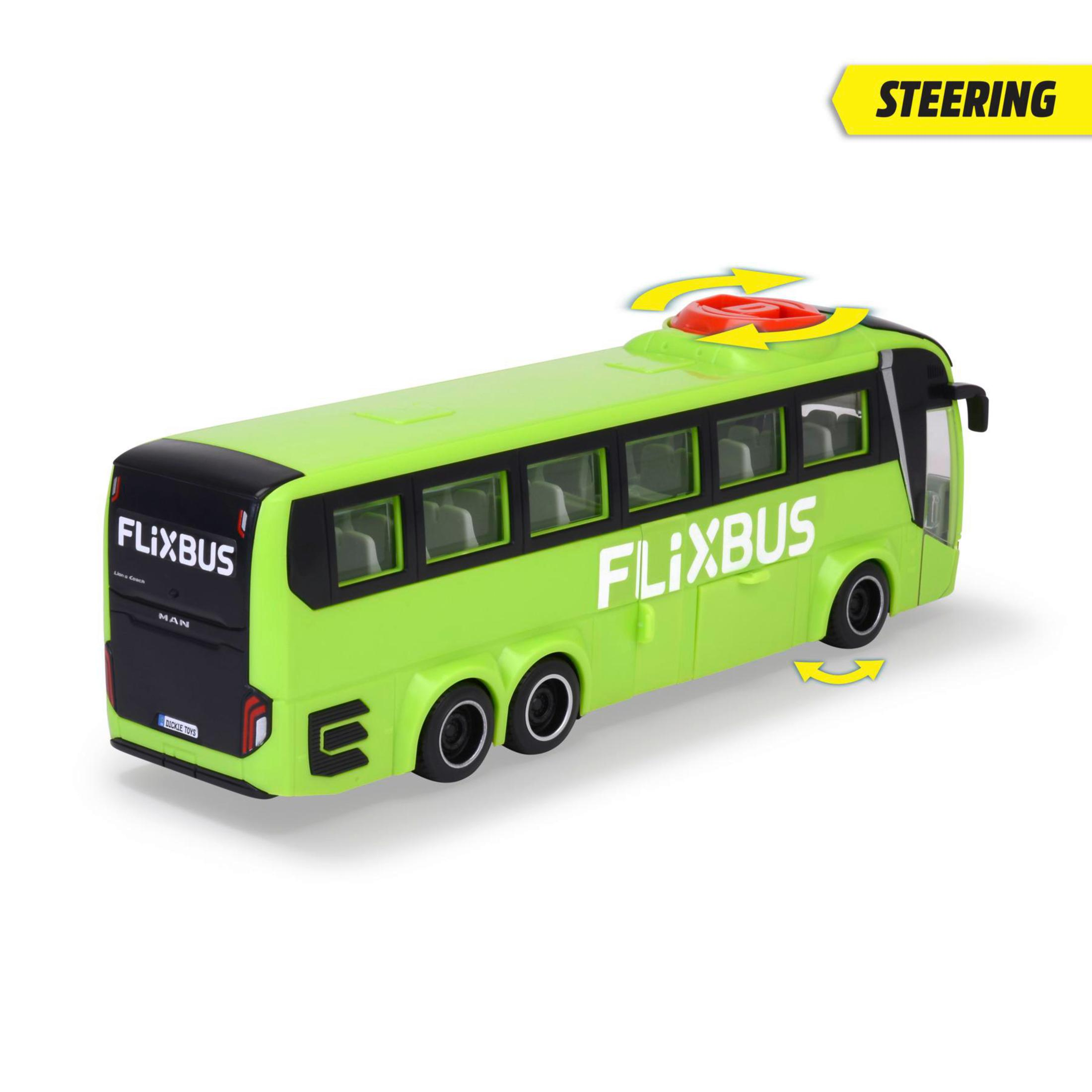 Zielony autobus zabawkowy Flixbus ze strzałkami kierunkowymi. Białe tło. Tekst: FLIXBUS, MAN.