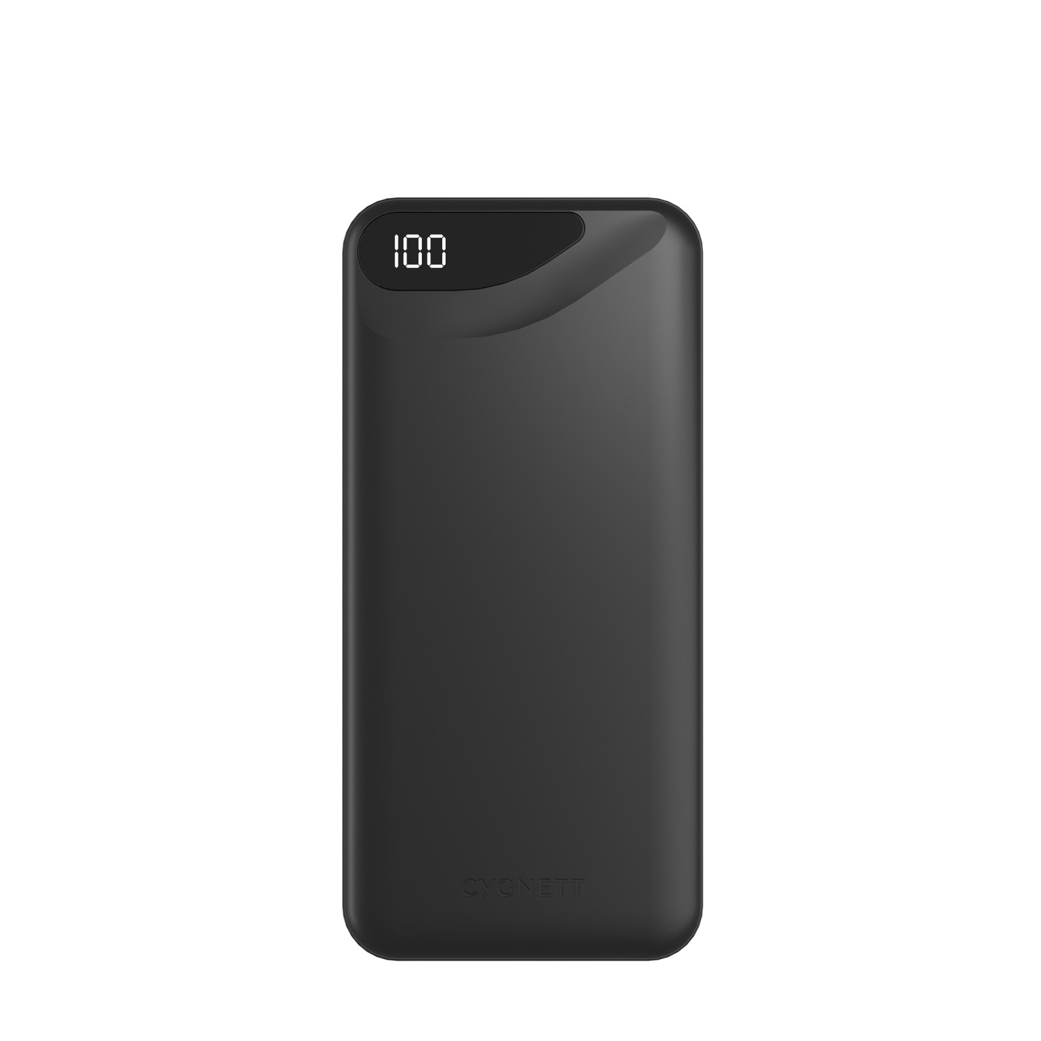 Power bank nera che mostra 100 sullo schermo.