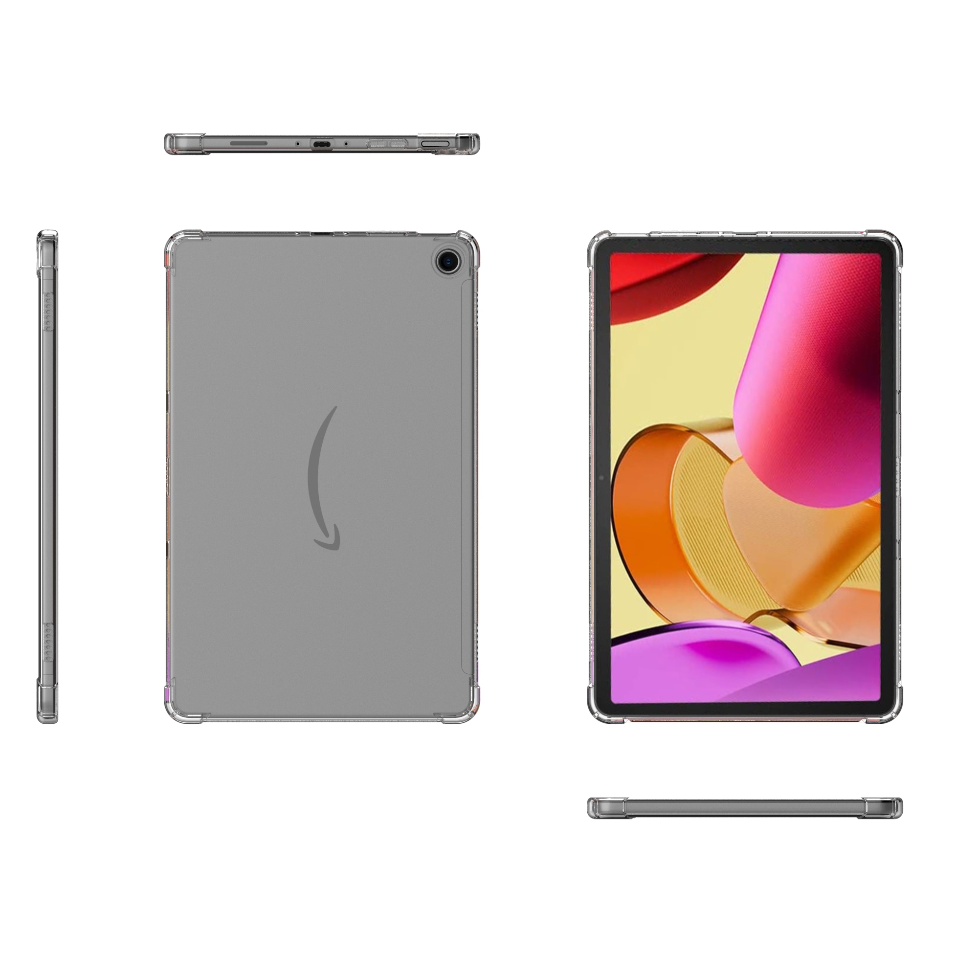 Ein Tablet in einer transparenten Hülle, aus mehreren Blickwinkeln gezeigt, einschließlich Vorder-, Rück- und Seitenansicht.