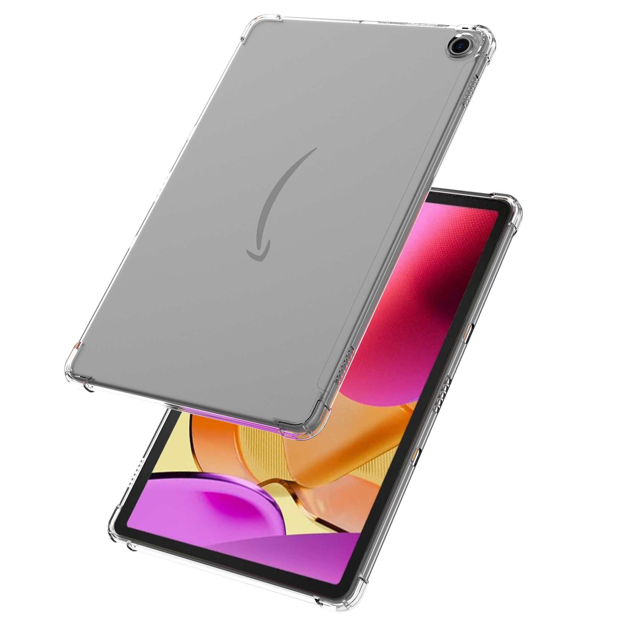 Tablet mit klarer Hülle. Amazon-Logo auf der Hülle. Zeigt ein farbenfrohes Bild.