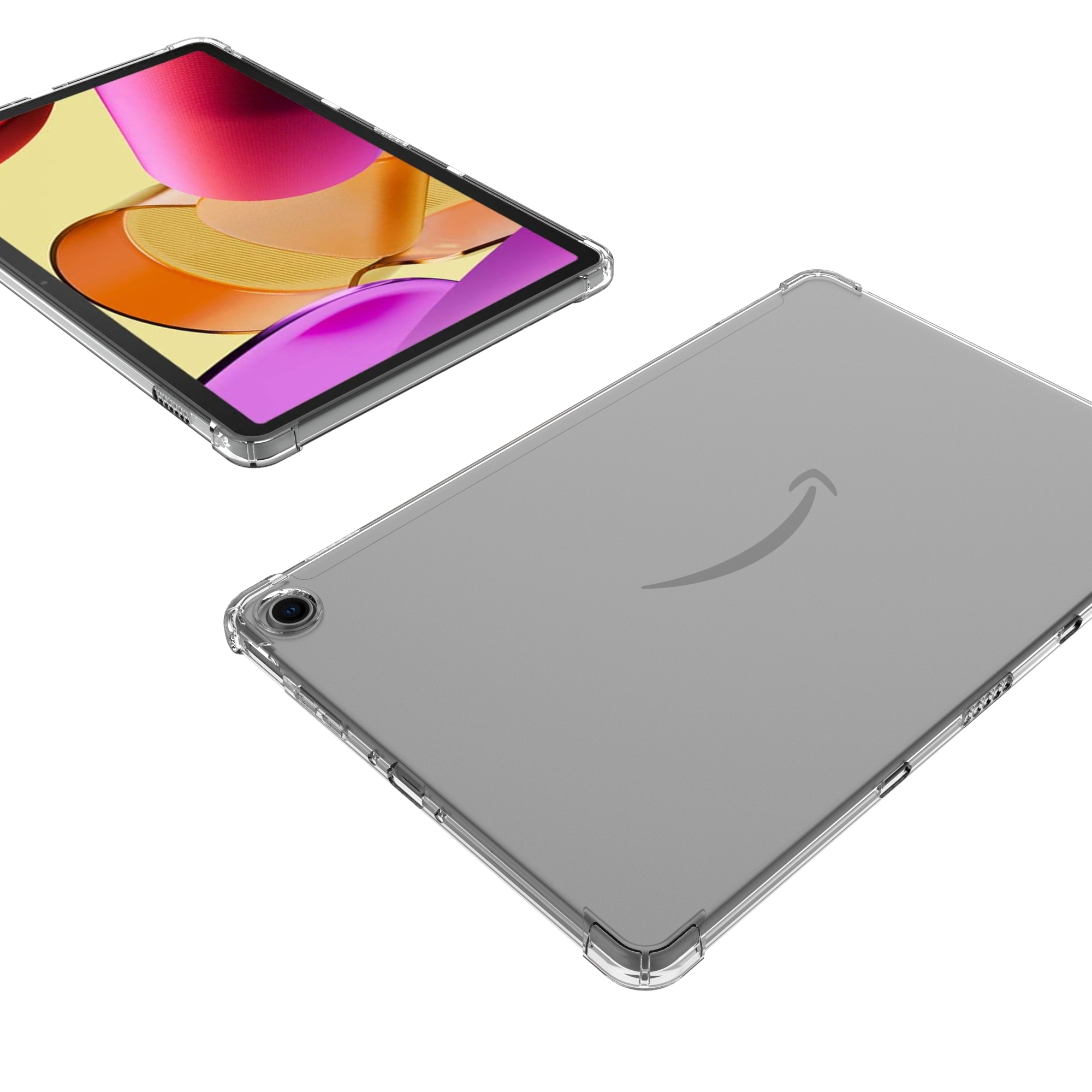 Zwei Tablets. Eins oben ist abgewinkelt mit Hülle, das andere unten, mit Amazon-Logo.