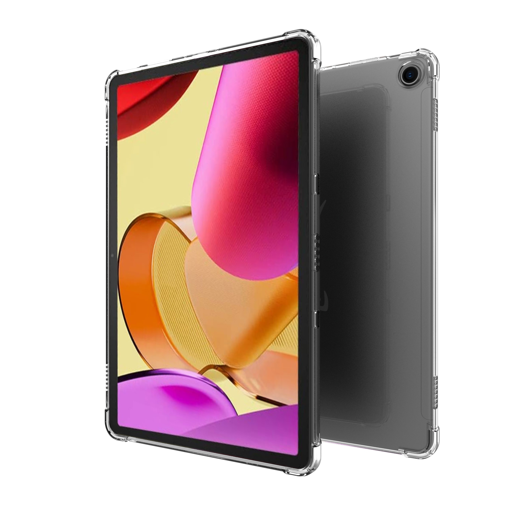 Tablet mit Schutzhülle. Das Tablet ist schwarz mit einer transparenten Hülle. Die Rückseite ist sichtbar.