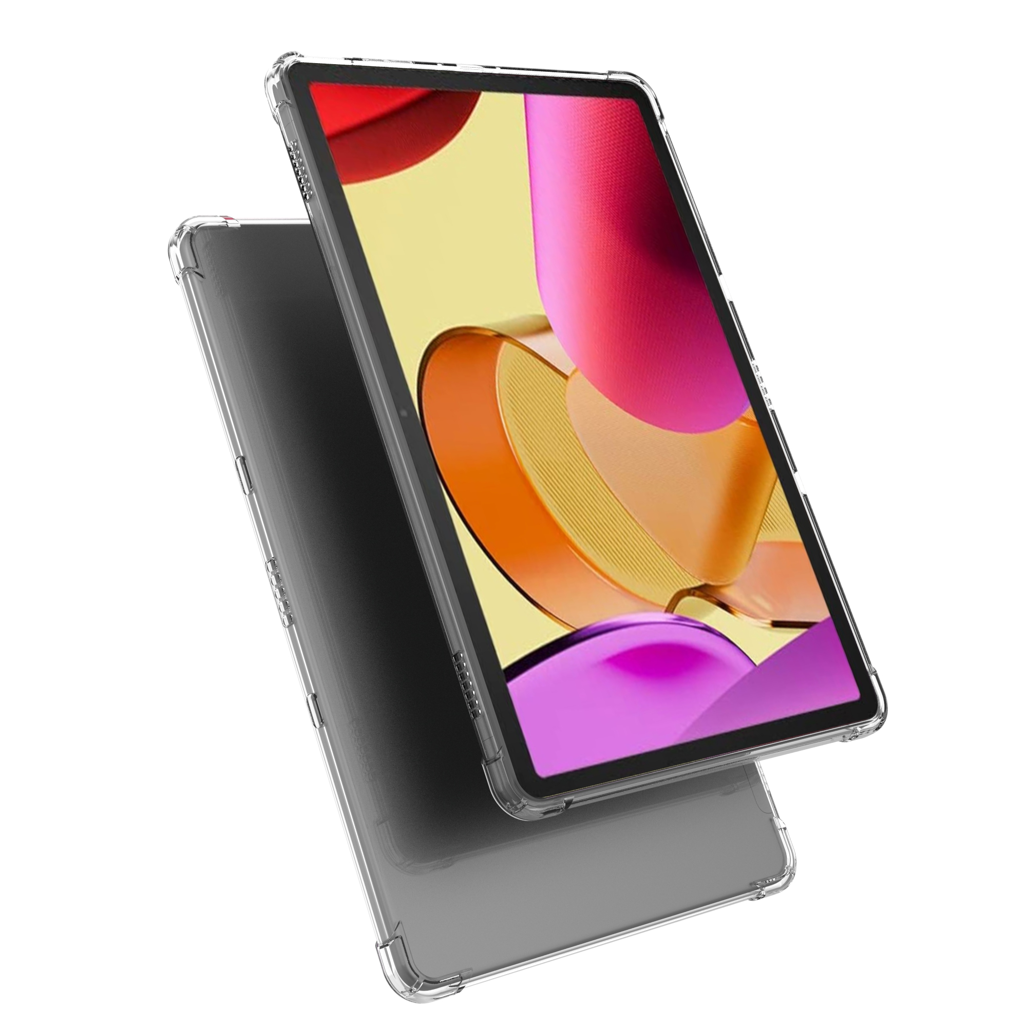 Eine transparente Tablet-Hülle auf einem Tisch mit einem Tablet darin. Der Tablet-Bildschirm zeigt Farben.