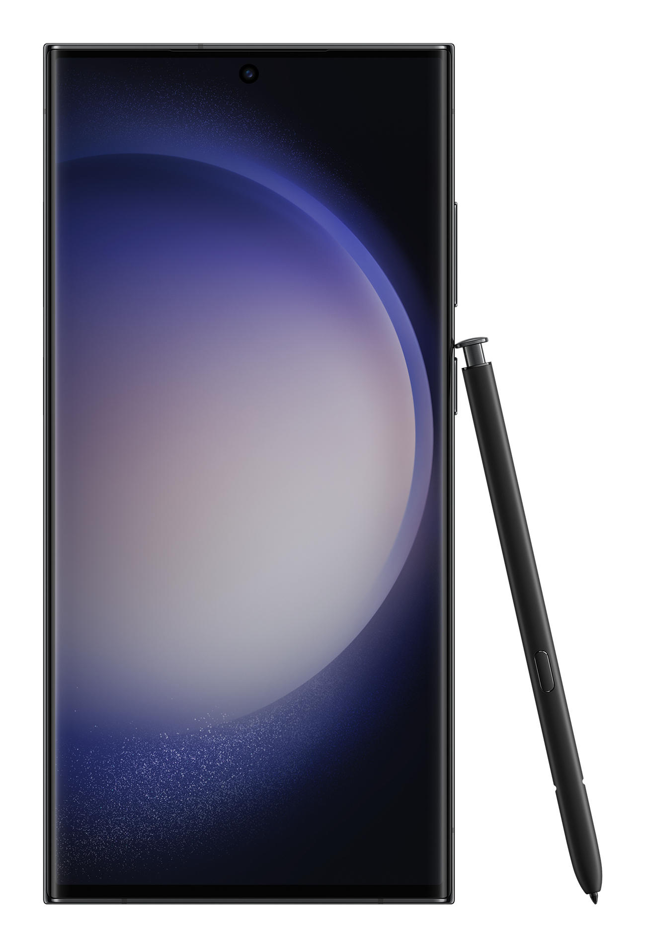 Een telefoon met een donker scherm en een stylus. De telefoon is zwart.