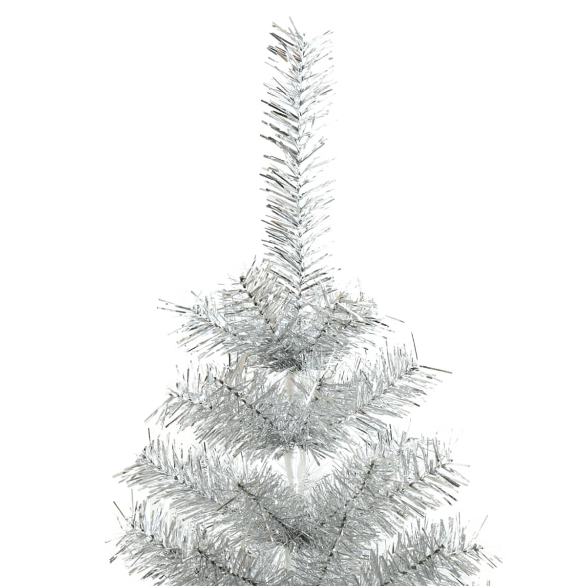Silberner Weihnachtsbaum, Nahaufnahme der Spitze. Silberne Äste, weißer Hintergrund.