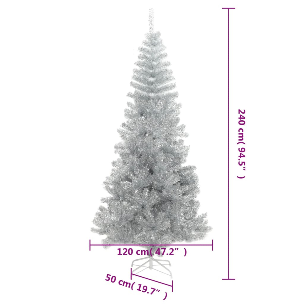 Silberner Weihnachtsbaum mit Maßen. Hoch, dünn, silber, 240cm hoch.