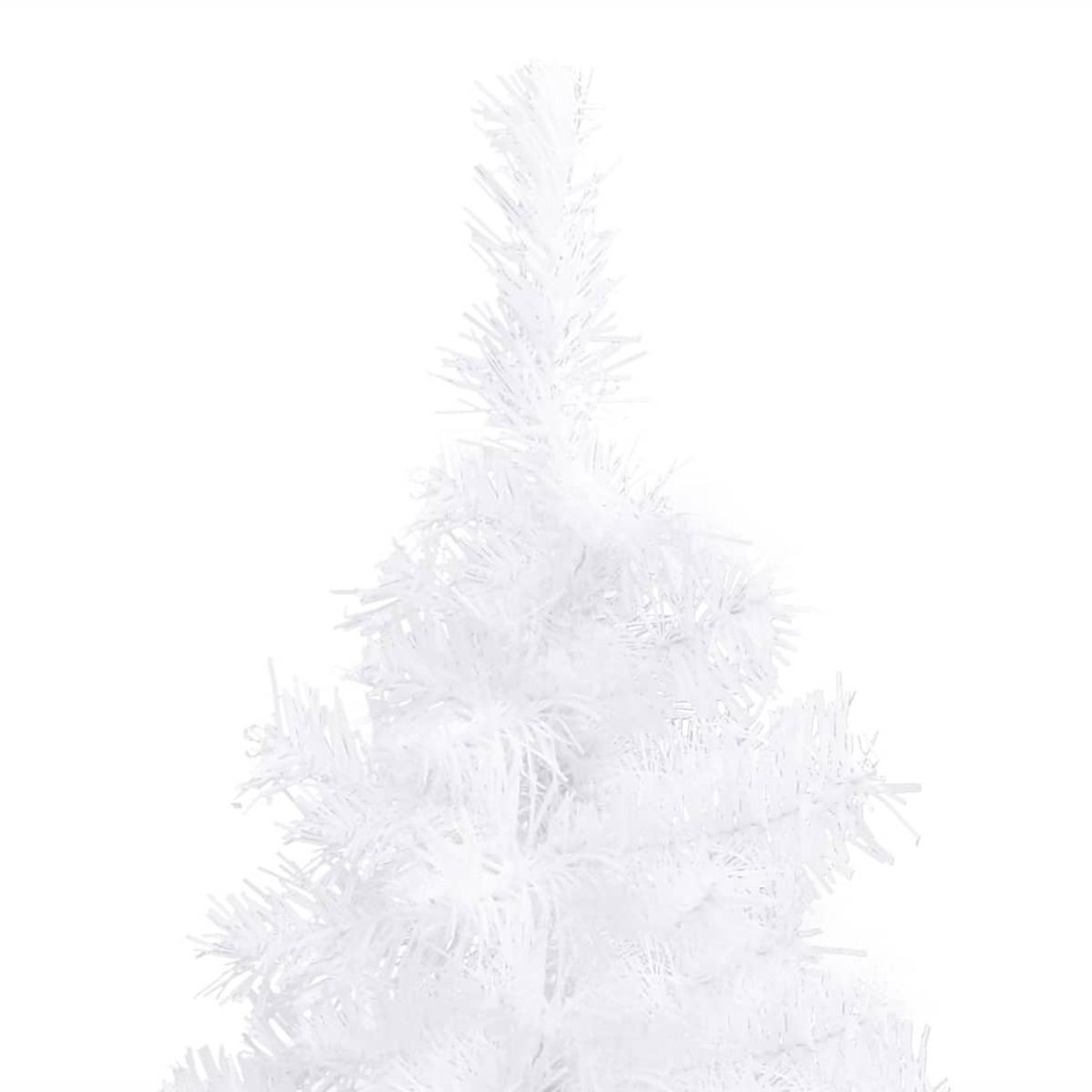 Ein weißer Weihnachtsbaum, obere Hälfte, mit weißen Nadeln. Der Hintergrund ist weiß.