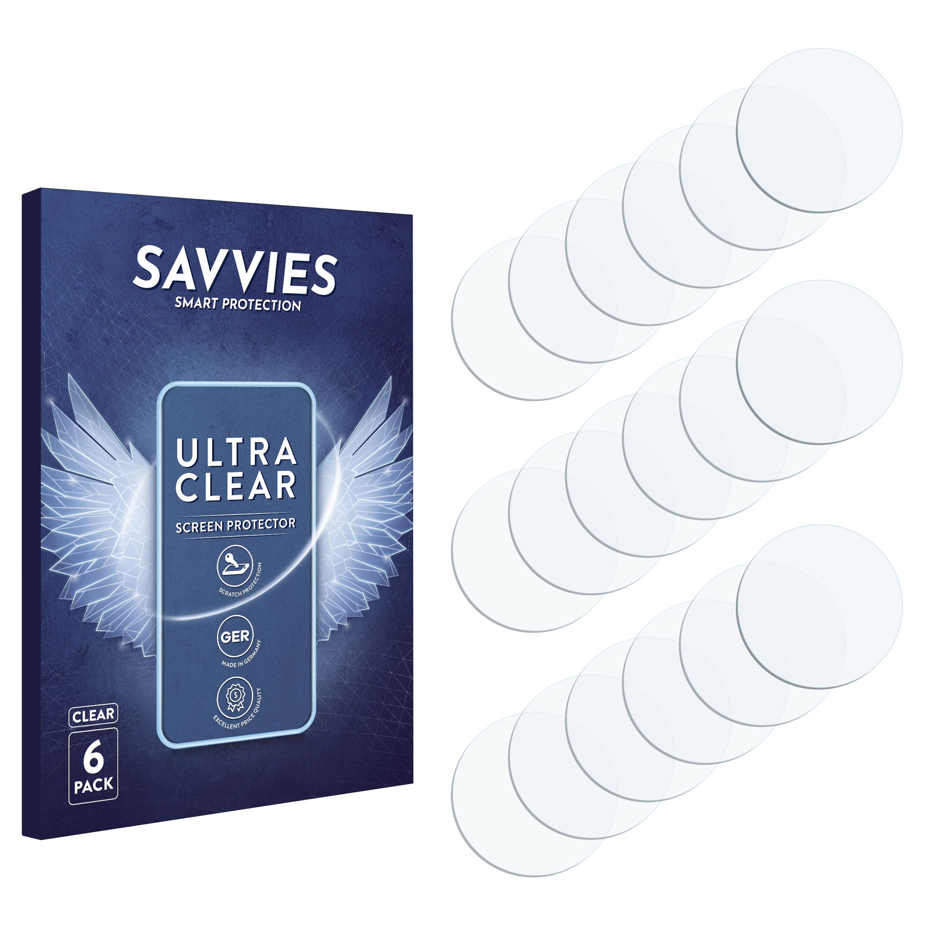 Displayschutzfolienbox mit 6 runden, transparenten Schutzfolien. Auf der Box steht 'SAVVIES ULTRA CLEAR SCREEN PROTECTOR'.