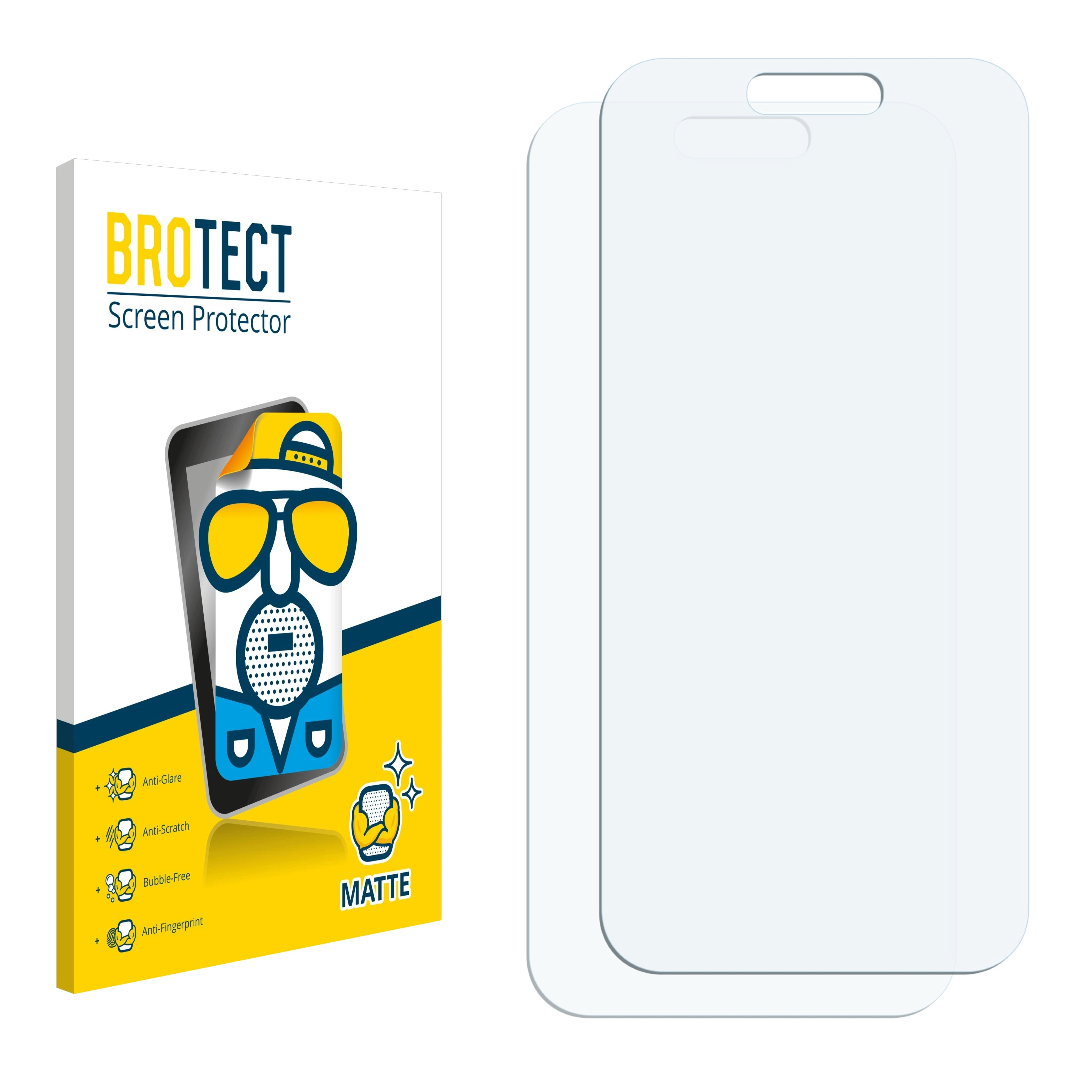 Schutzfolienbox und zwei transparente Schutzfolien. Auf der Box steht BROTECT Screen Protector.
