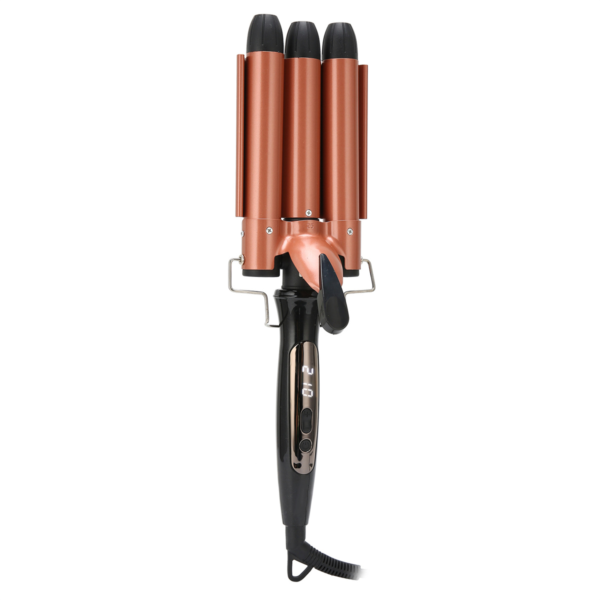 Ein roségoldfarbener Haarwellenmacher mit drei Läufen auf weißem Hintergrund.