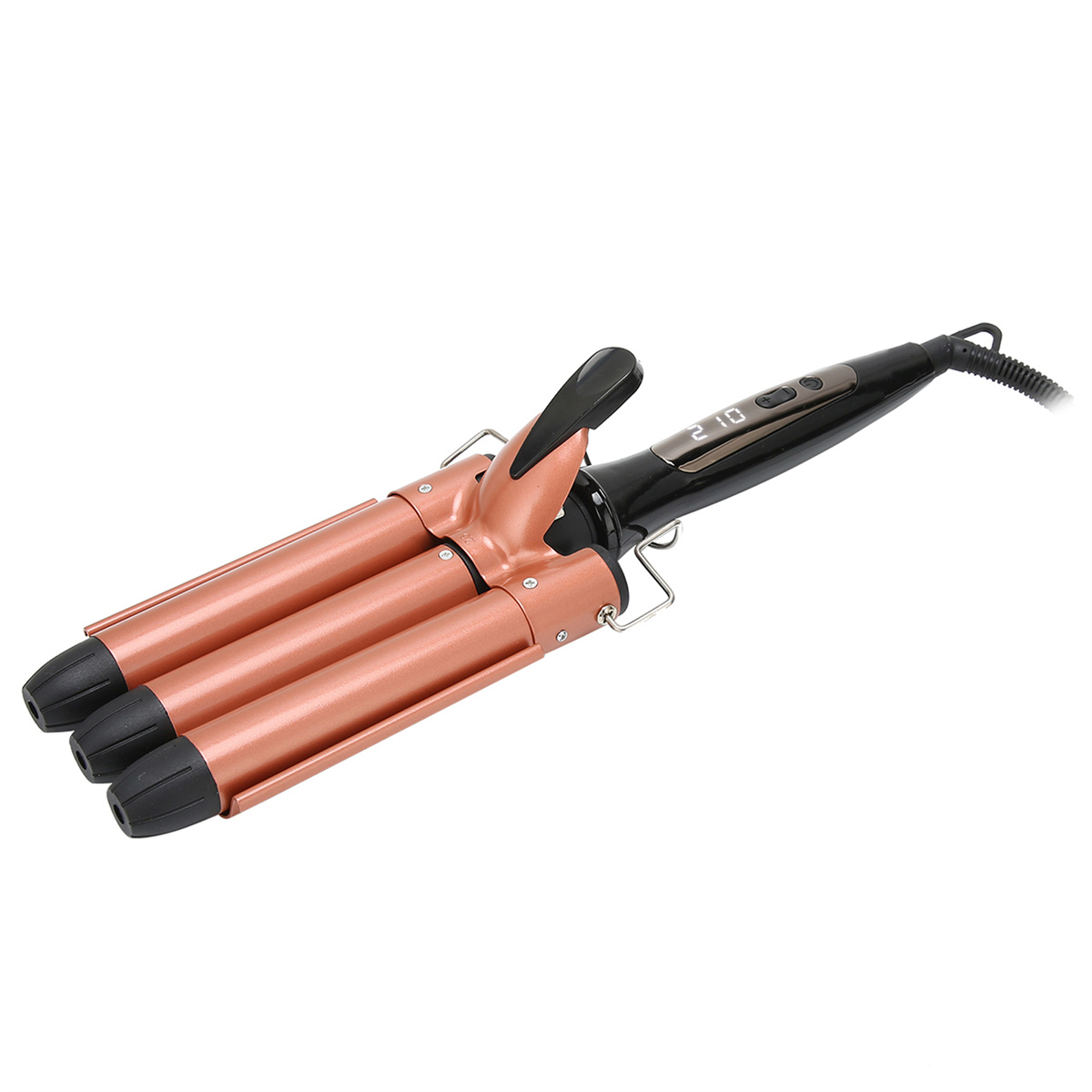 Haar-Waver in Roségold und Schwarz, drei Heizwalzen sichtbar.