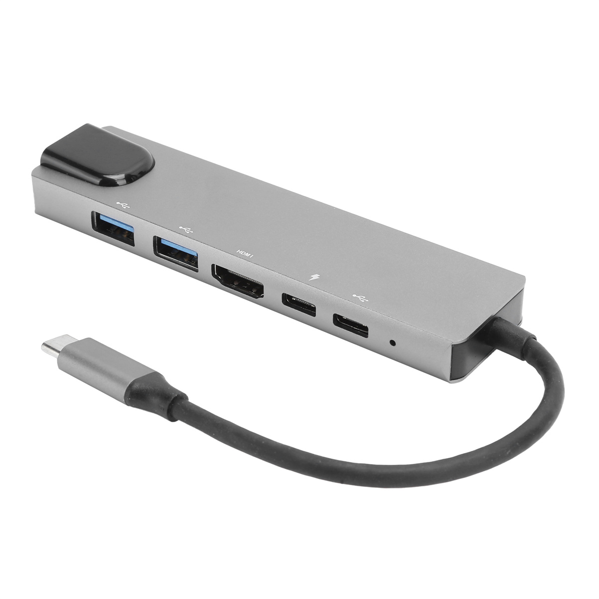 Silberner USB-C-Hub mit mehreren Anschlüssen und einem angeschlossenen schwarzen Kabel.