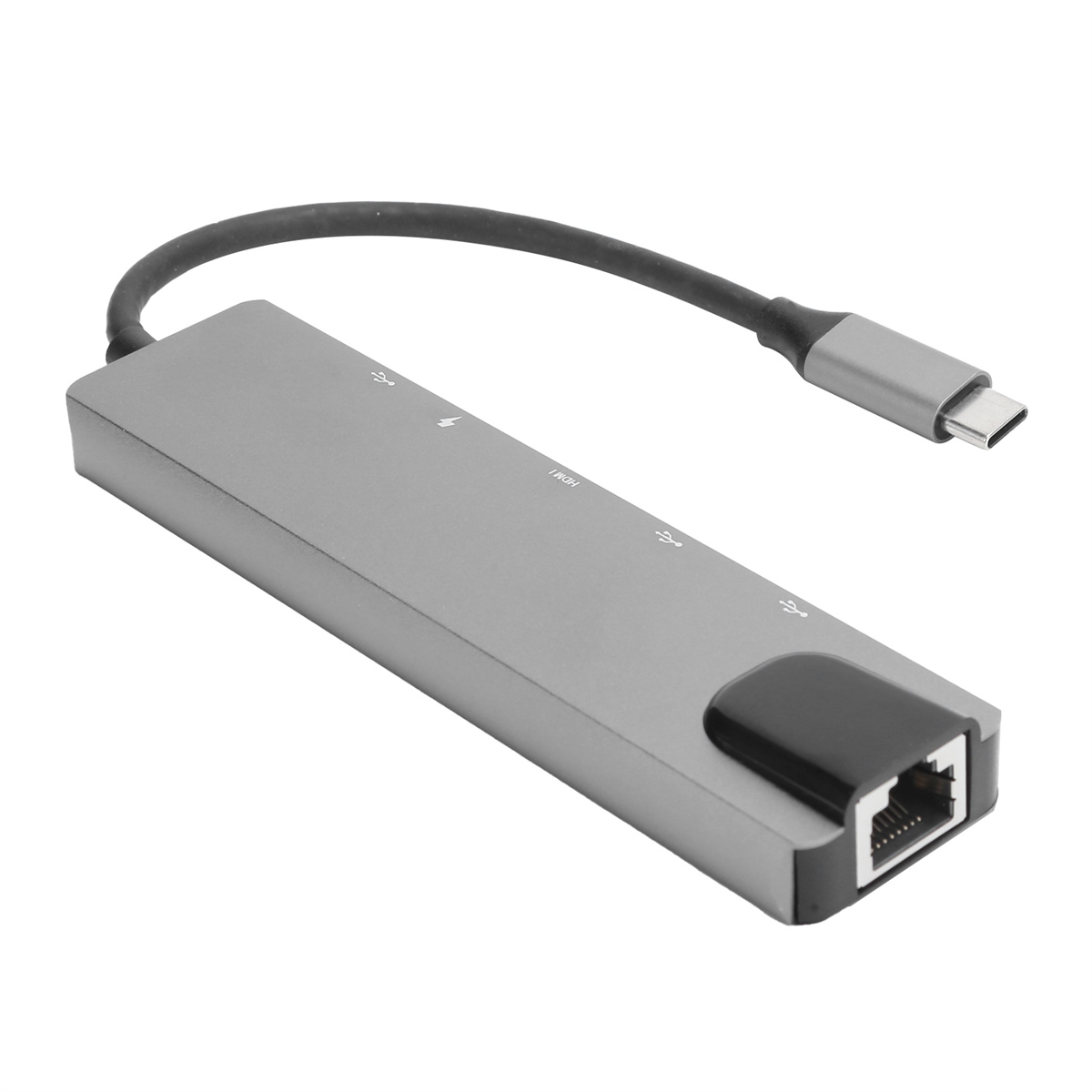 Ein silberner USB-C-Hub mit HDMI-, USB- und Ethernet-Anschlüssen, einem schwarzen Kabel und einem USB-C-Anschluss.