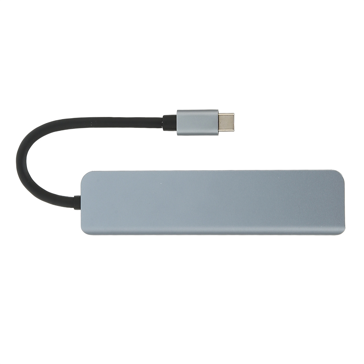 Ein grauer USB-C-Hub mit einem schwarzen Kabel. Der Hub ist rechteckig mit einem Anschluss an einem Ende.
