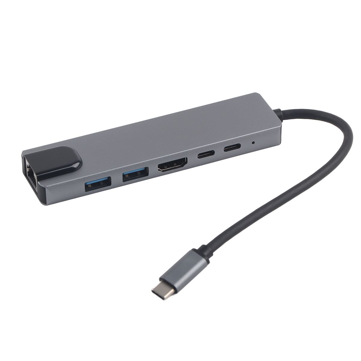 Ein grauer USB-Hub mit mehreren Anschlüssen und einem schwarzen Kabel. Der Hub ist rechteckig.