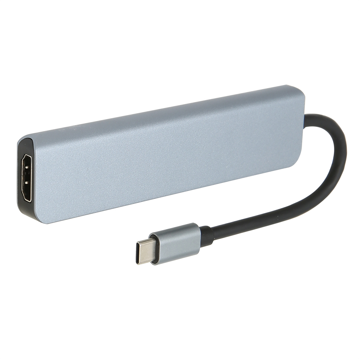 Ein grauer Adapter mit einem USB-C-Anschluss und einem HDMI-Anschluss. Beide auf weißem Hintergrund.