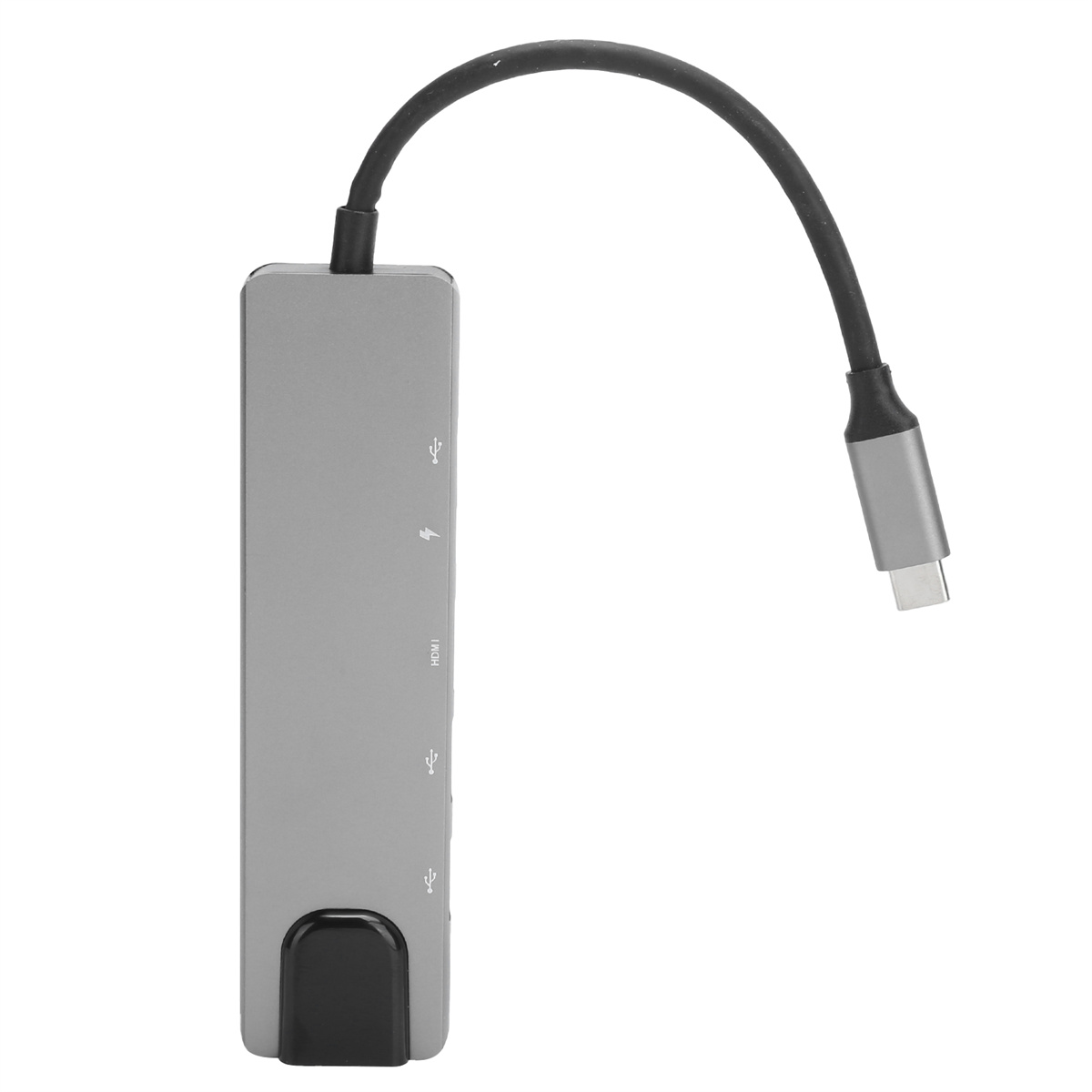 Ein silberner USB-C-Hub mit mehreren Anschlüssen und einem daran angeschlossenen schwarzen Kabel.