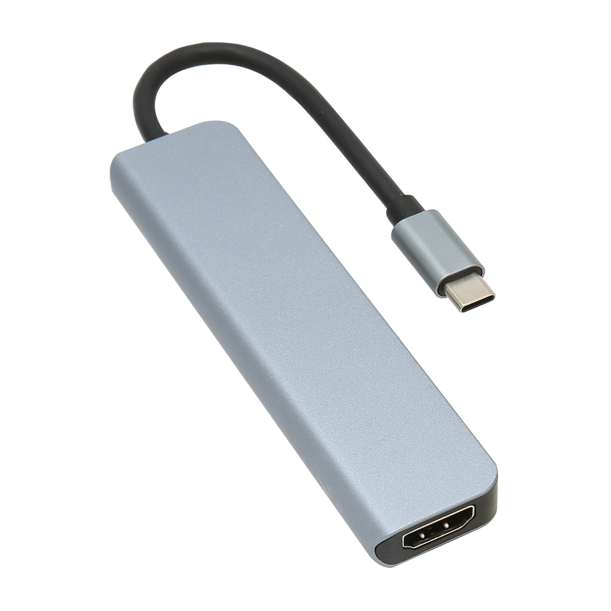 Grauer USB-C-Hub mit schwarzem Kabel und USB-C-Anschluss. Er hat einen HDMI-Anschluss an der Seite.
