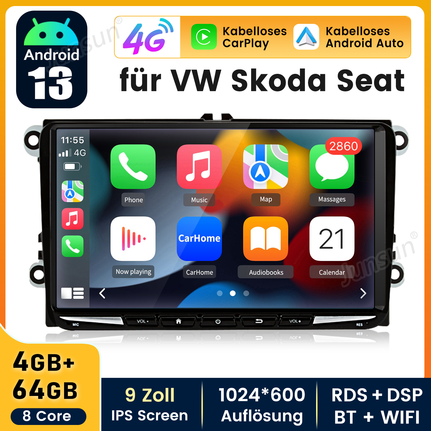 Samochodowy system stereo z ekranem dotykowym wyświetlającym ikony aplikacji. Ekran pokazuje Android 13 i car play.