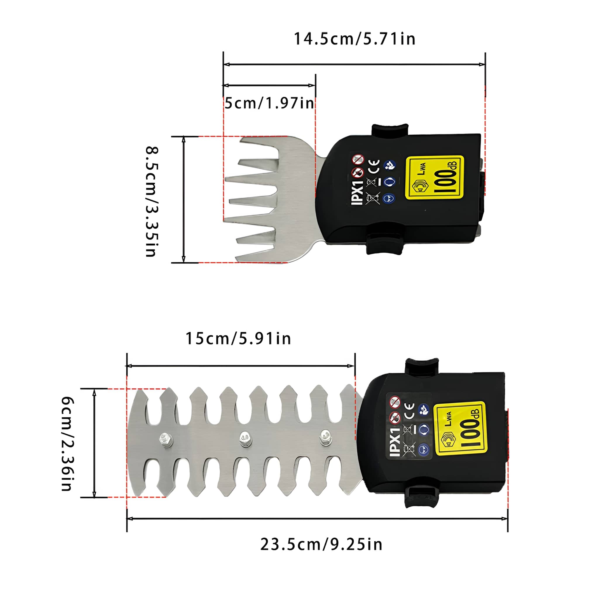 Zwei Heckenscherenblätter. Abmessungen werden mit Text angezeigt: 14,5 cm/5,71 Zoll und 15 cm/5,91 Zoll.