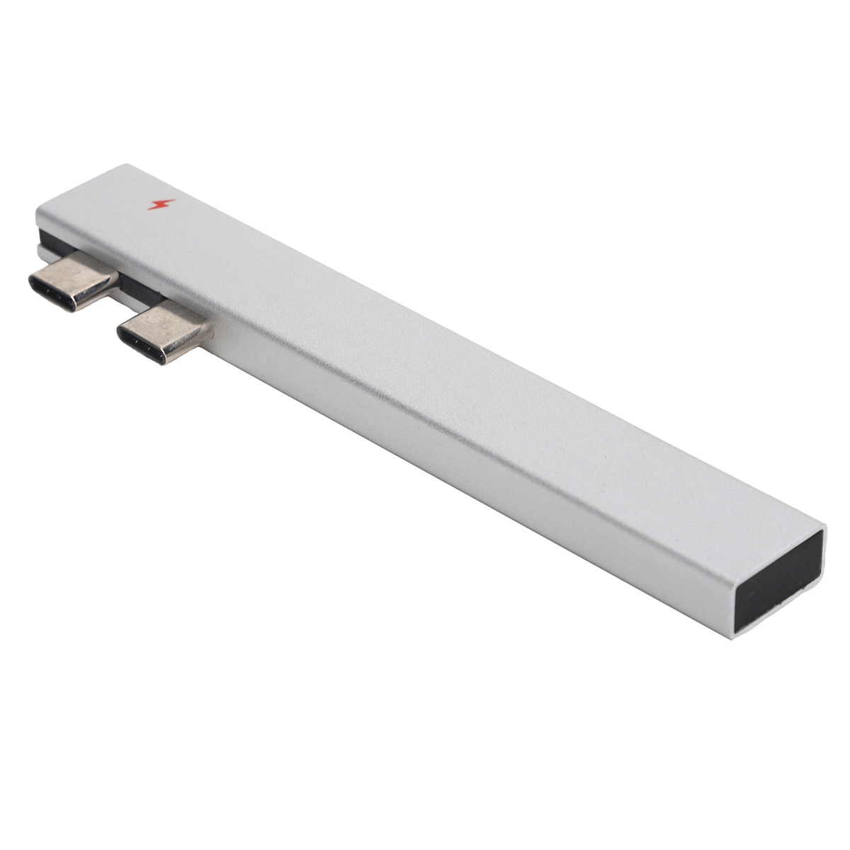 Silberner USB-C-Hub mit zwei USB-C-Anschlüssen und einem Blitzsymbol. Es ist ein rechteckiges Gerät.