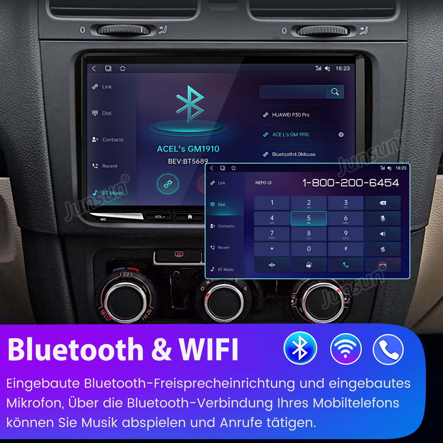 Auto-Armaturenbrett mit Digitalanzeige, Bluetooth- und WLAN-Symbolen und Wähltasten.