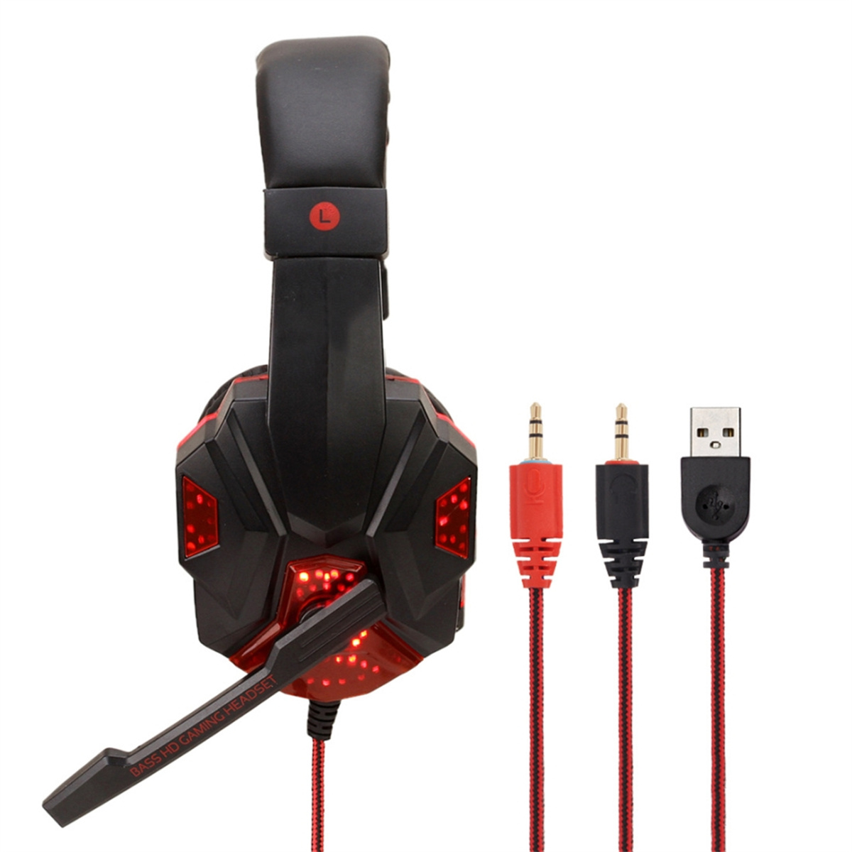 Gaming-Headset mit Mikrofon. Rote und schwarze Farben. Drei Audio- und USB-Anschlüsse.