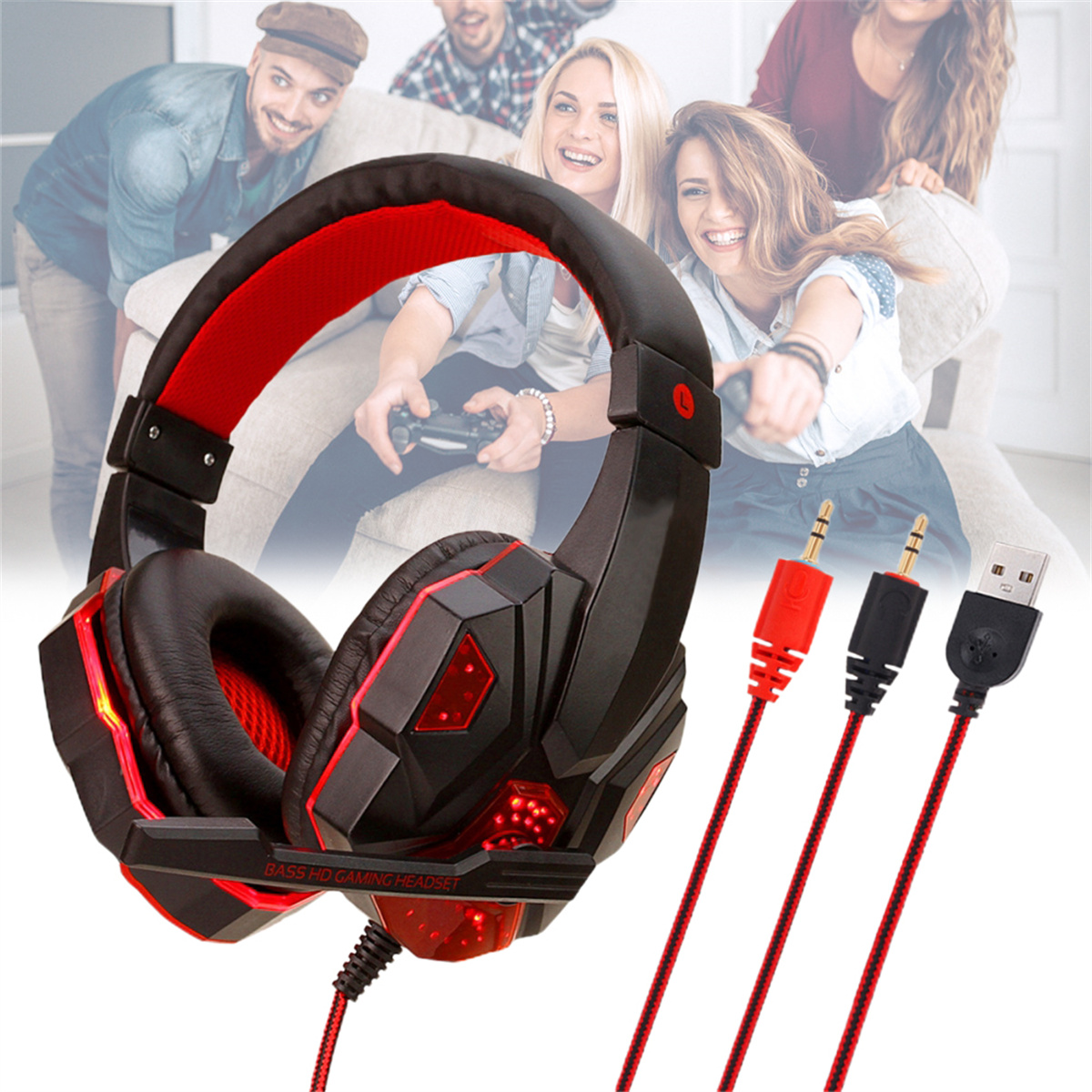 Gaming-Kopfhörer mit roten Akzenten, Kabel mit rot-schwarzen Streifen und drei verschiedenen Steckern.