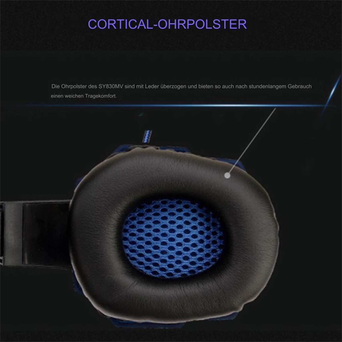 Nahaufnahme eines schwarzen Kopfhörer-Ohrmuschels mit blauem Mesh und einem schwarzen Kissen.